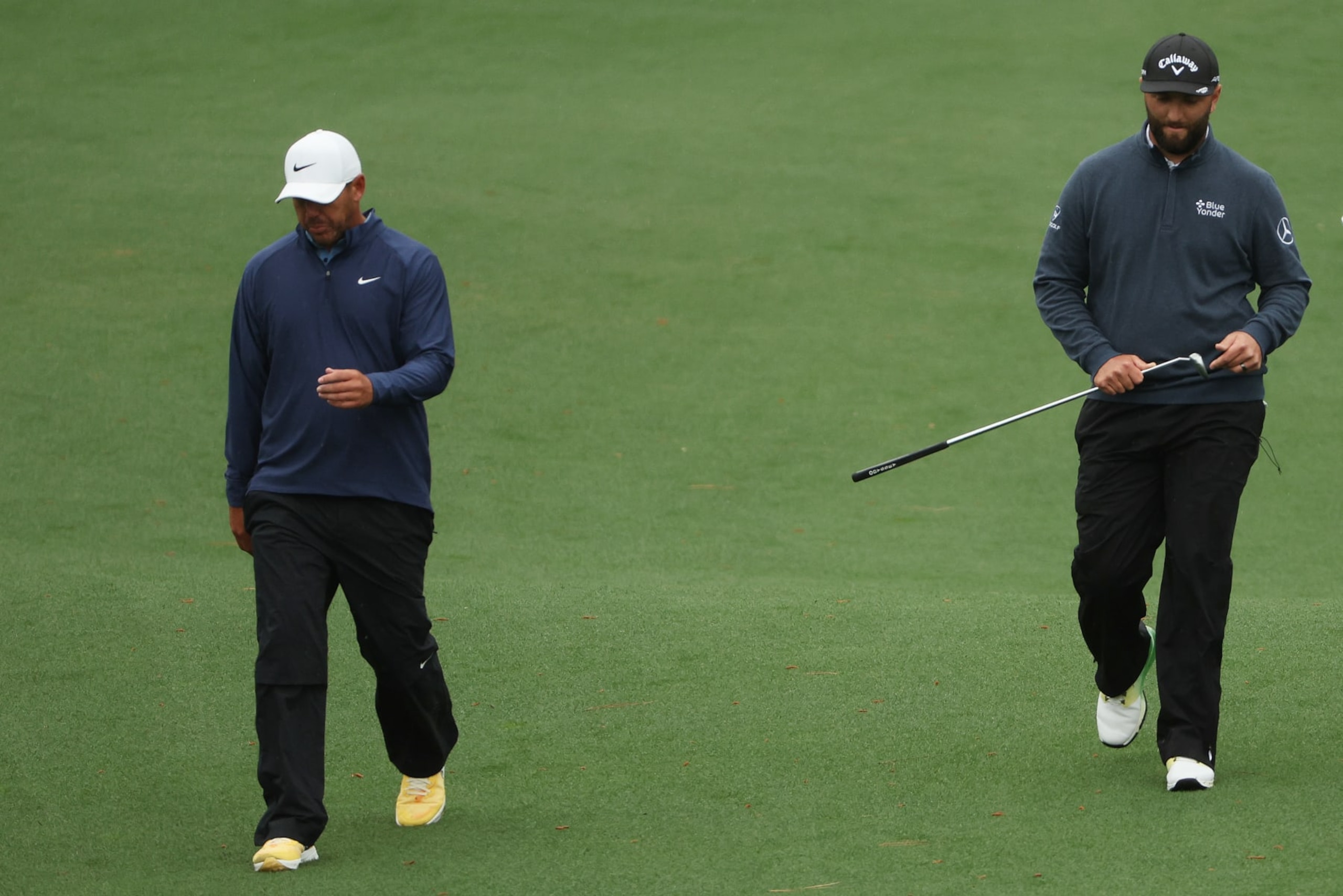 AUGUSTA, GEORGIA - APRIL 08: Brooks Koepka of the United States and Jon Rahm of Spain walk up the second fairway during the third round of the 2023 Masters Tournament at Augusta National Golf Club on April 08, 2023 in Augusta, Georgia. (Photo by Patrick Smith/Getty Images)