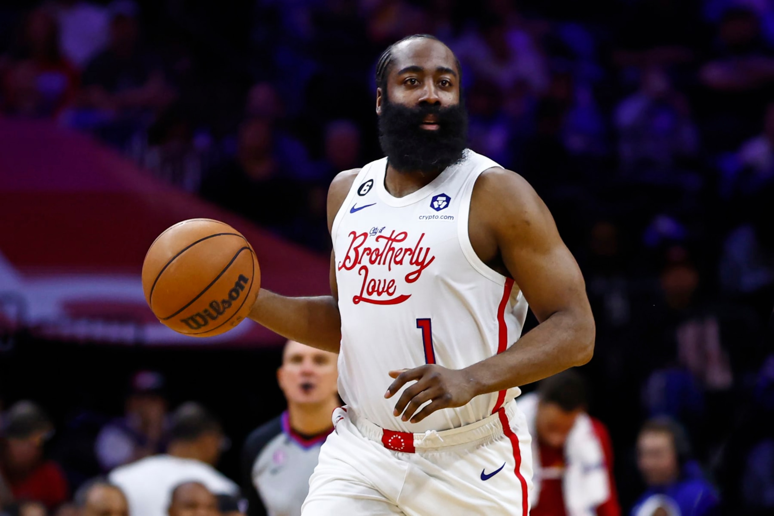 PHILADELPHIA, PA - APRIL 06: James Harden #1 of the Philadelphia 76ers in action against the Miami Heat during a game at Wells Fargo Center on April 6, 2023 in Philadelphia, Pennsylvania. The Heat defeated the 76ers 129-101. NOTE TO USER: User expressly acknowledges and agrees that, by downloading and or using this photograph, User is consenting to the terms and conditions of the Getty Images License Agreement. (Photo by Rich Schultz/Getty Images) PHILADELPHIA, PA - APRIL 06: James Harden #1 of the Philadelphia 76ers in action against the Miami Heat during a game at Wells Fargo Center on April 6, 2023 in Philadelphia, Pennsylvania. The Heat defeated the 76ers 129-101. NOTE TO USER: User expressly acknowledges and agrees that, by downloading and or using this photograph, User is consenting to the terms and conditions of the Getty Images License Agreement. (Photo by Rich Schultz/Getty Images)
