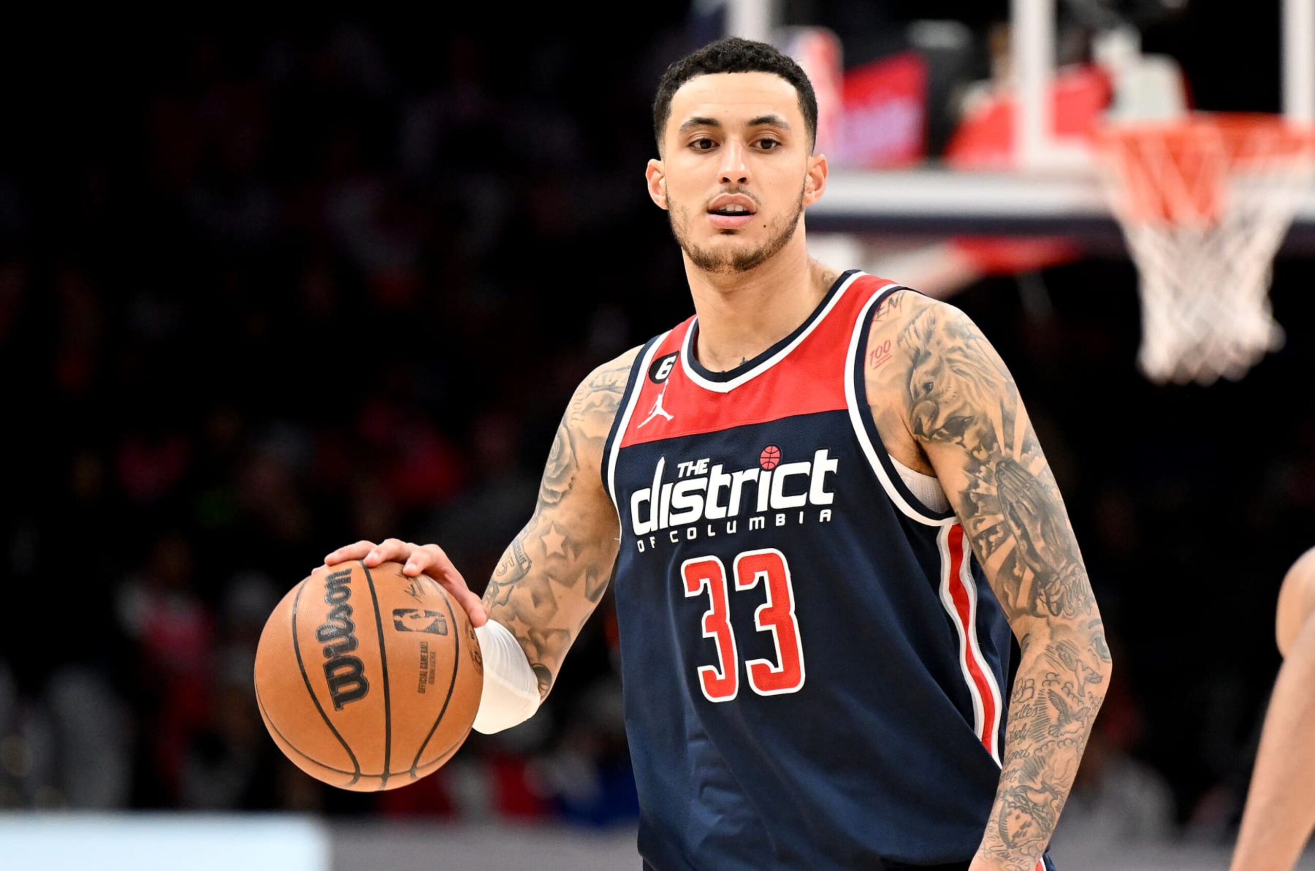 WASHINGTON, DC - MARCH 18: Kyle Kuzma #33 of the Washington Wizards handles the ball against the Sacramento Kings at Capital One Arena on March 18, 2023 in Washington, DC. NOTE TO USER: User expressly acknowledges and agrees that, by downloading and or using this photograph, User is consenting to the terms and conditions of the Getty Images License Agreement. (Photo by G Fiume/Getty Images) WASHINGTON, DC - MARCH 18: Kyle Kuzma #33 of the Washington Wizards handles the ball against the Sacramento Kings at Capital One Arena on March 18, 2023 in Washington, DC. NOTE TO USER: User expressly acknowledges and agrees that, by downloading and or using this photograph, User is consenting to the terms and conditions of the Getty Images License Agreement. (Photo by G Fiume/Getty Images)