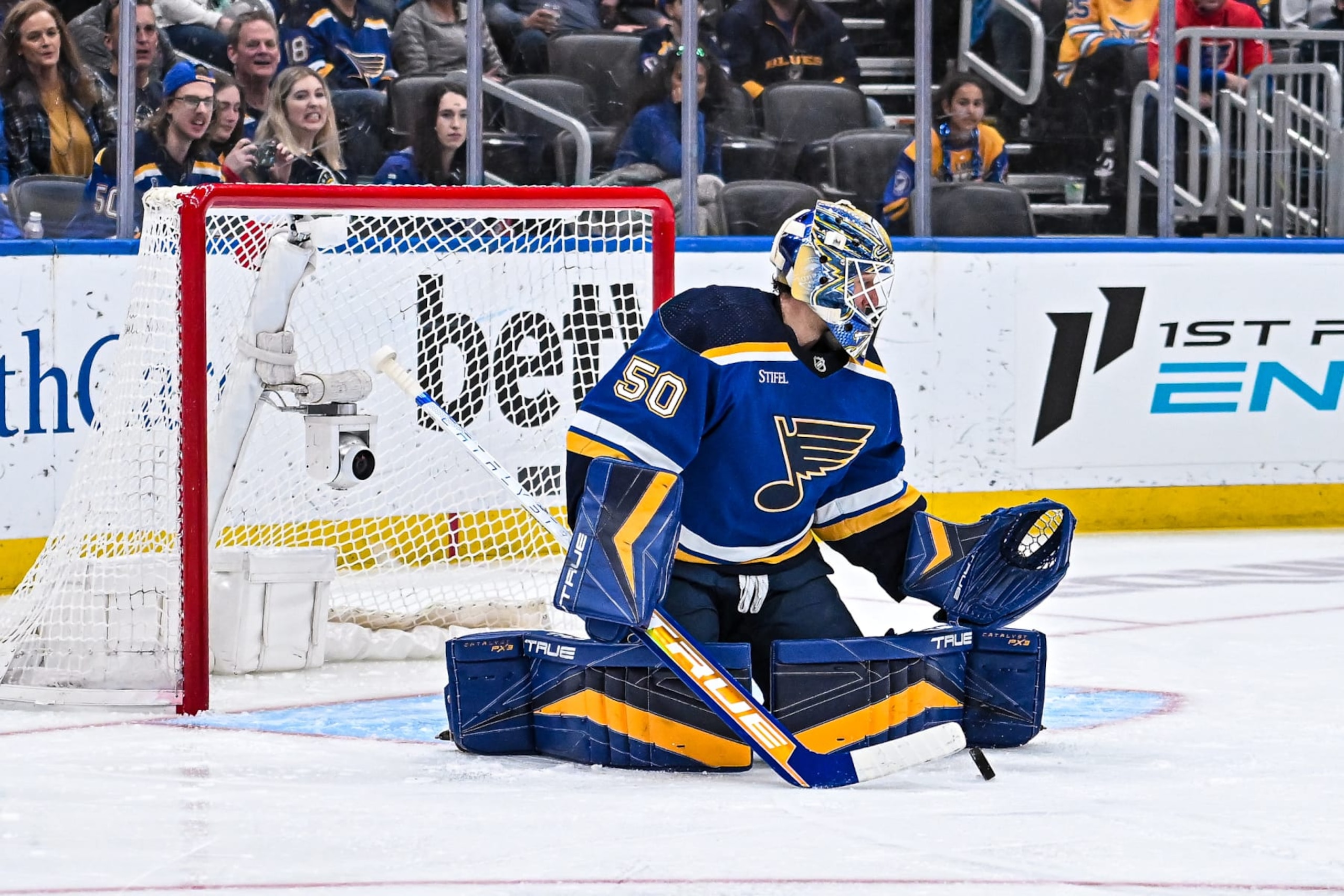 ST. LOUIS, MO - APRIL 02: The puck drops in front of St. Louis Blues goaltender Jordan Binnington (50) after he makes a save during a game between the Boston Bruins and the St. Louis Blues on April 02 2023, at the Enterprise Center in St. Louis MO (Photo by Rick Ulreich/Icon Sportswire via Getty Images)