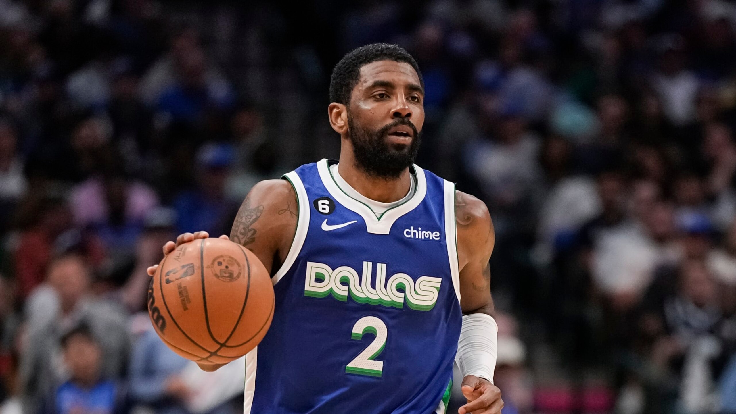 Dallas Mavericks guard Kyrie Irving (2) brings the ball up court during the second half of an NBA basketball game against the Sacramento Kings in Dallas, Wednesday, April 5, 2023. (AP Photo/Sam Hodde) Dallas Mavericks guard Kyrie Irving (2) brings the ball up court during the second half of an NBA basketball game against the Sacramento Kings in Dallas, Wednesday, April 5, 2023. (AP Photo/Sam Hodde)
