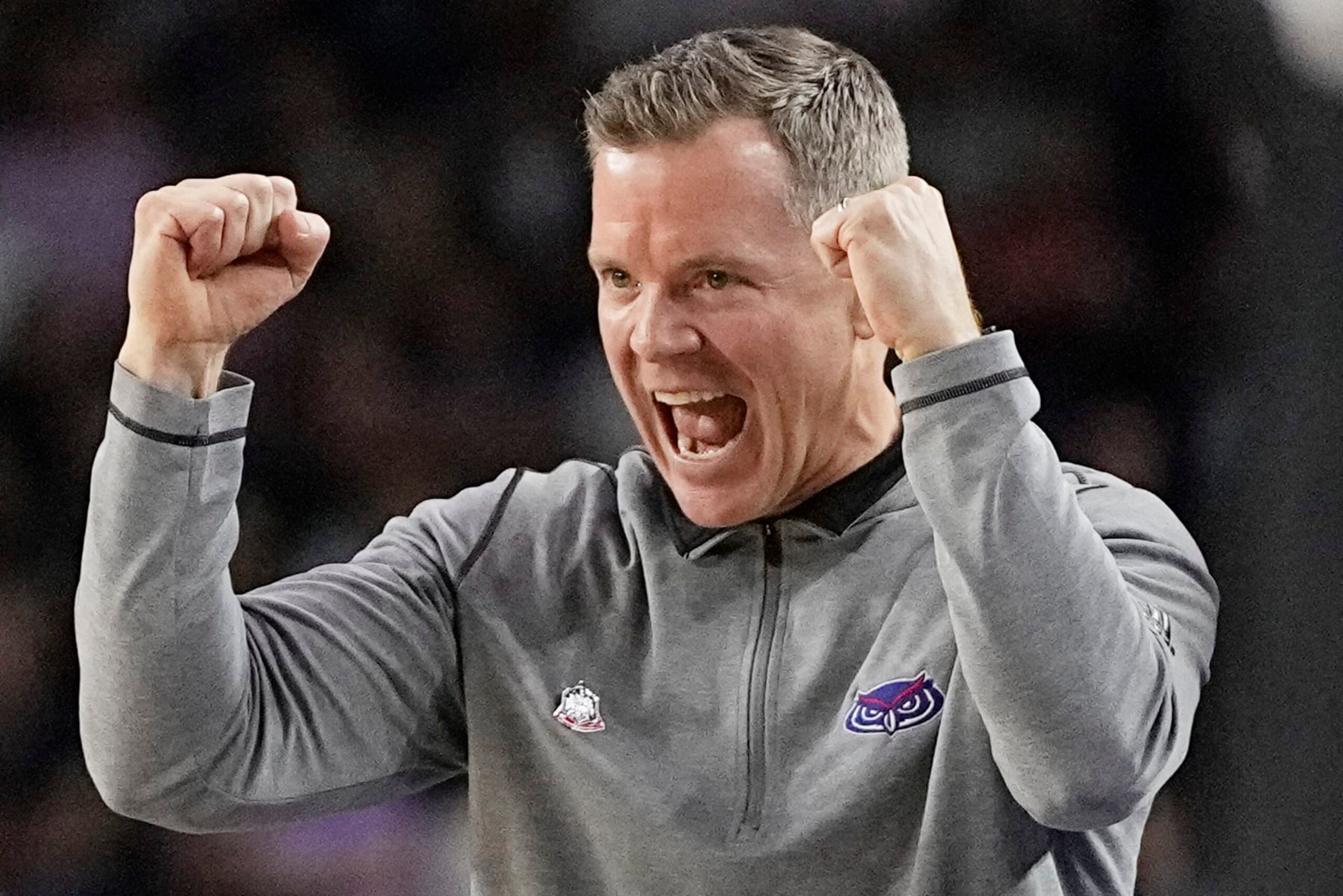 Florida Atlantic head coach Dusty May reacts during the first half of a Final Four college basketball game against San Diego State in the NCAA Tournament on Saturday, April 1, 2023, in Houston. (AP Photo/David J. Phillip) Florida Atlantic head coach Dusty May reacts during the first half of a Final Four college basketball game against San Diego State in the NCAA Tournament on Saturday, April 1, 2023, in Houston. (AP Photo/David J. Phillip)