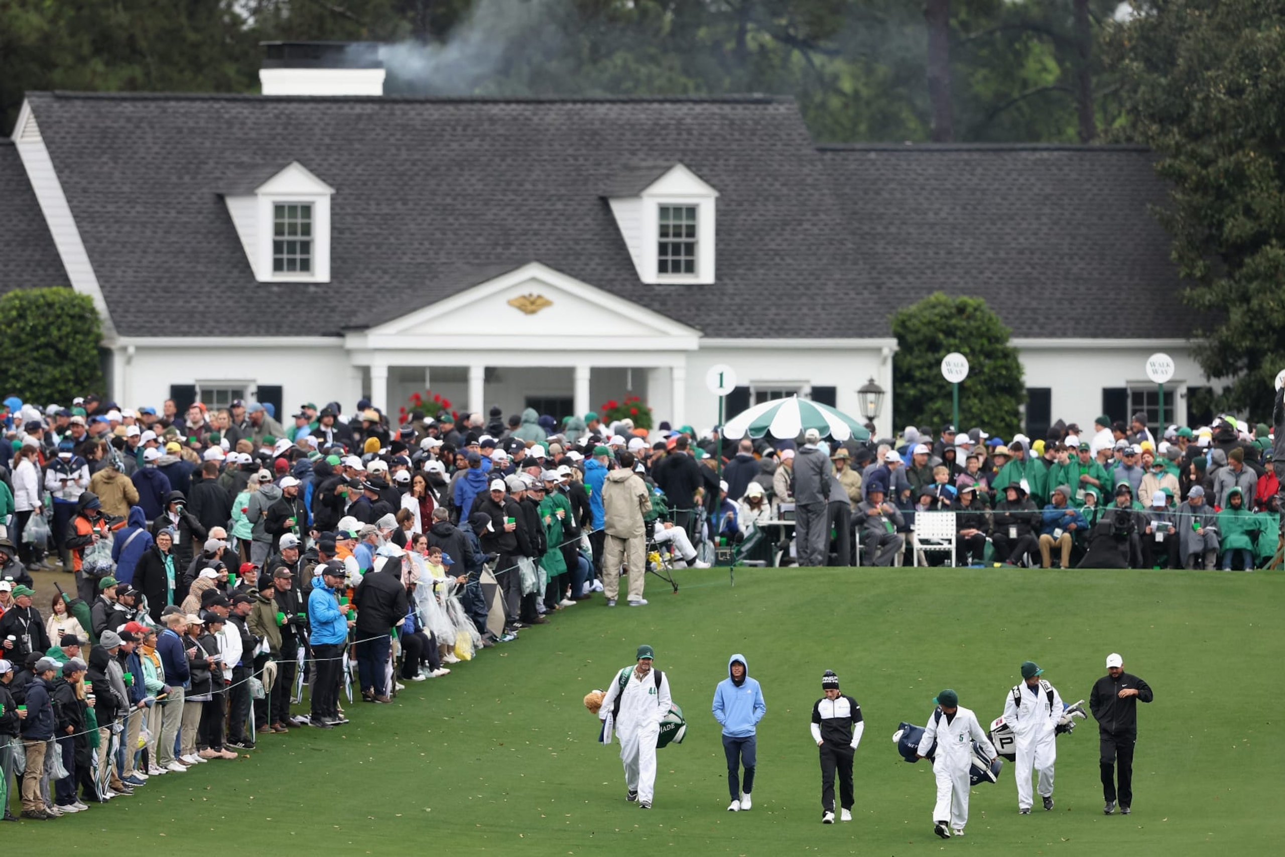AUGUSTA, GEORGIA - APRIL 08: Collin Morikawa of the United States, Viktor Hovland of Norway and Jason Day of Australia walk on the first hole during the third round of the 2023 Masters Tournament at Augusta National Golf Club on April 08, 2023 in Augusta, Georgia. (Photo by Christian Petersen/Getty Images)