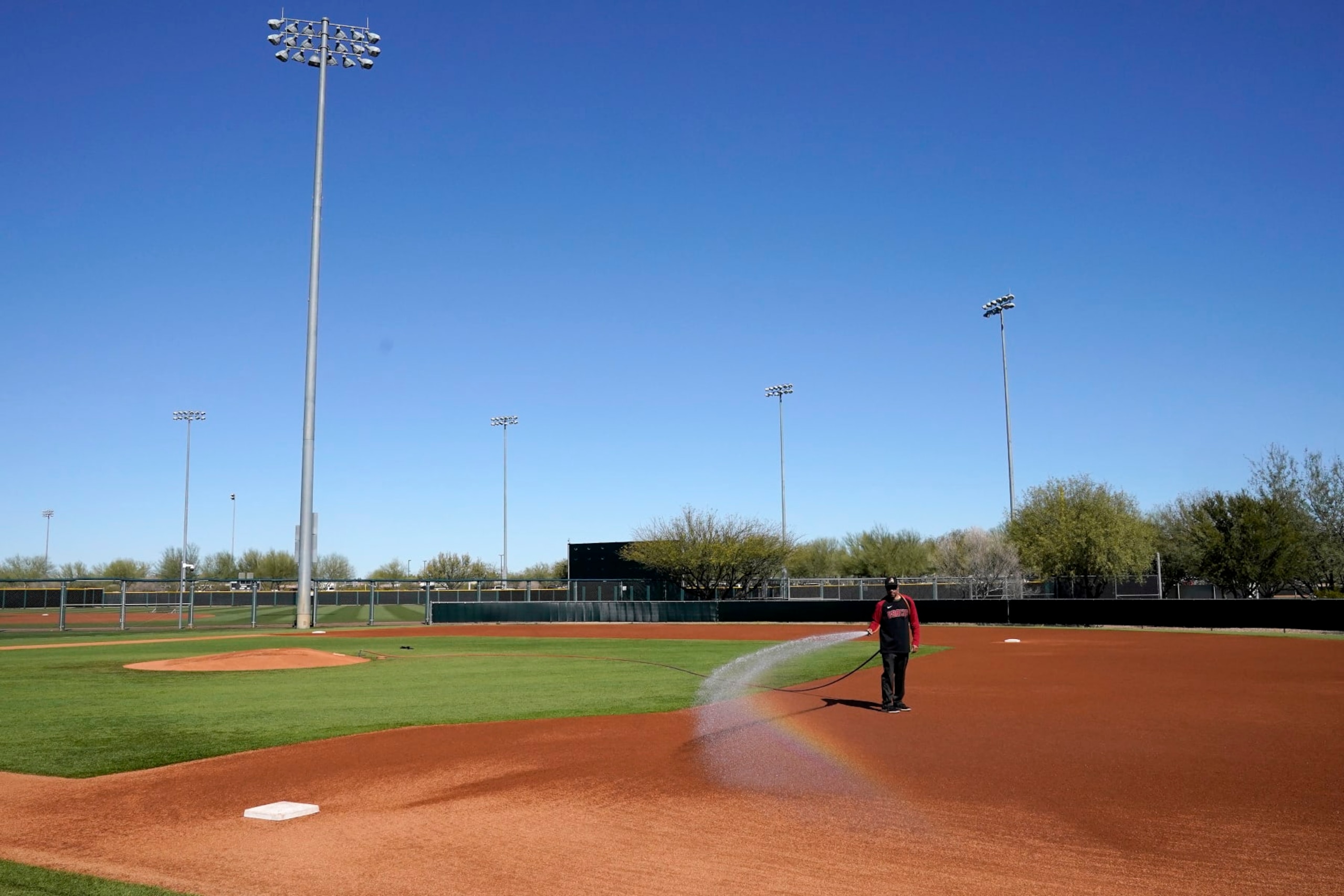 An Arizona Diamondbacks groundskeeper prepares a baseball field for the first day of spring training, Friday, March 11, 2022, in Scottsdale, Ariz. (AP Photo/Matt York)