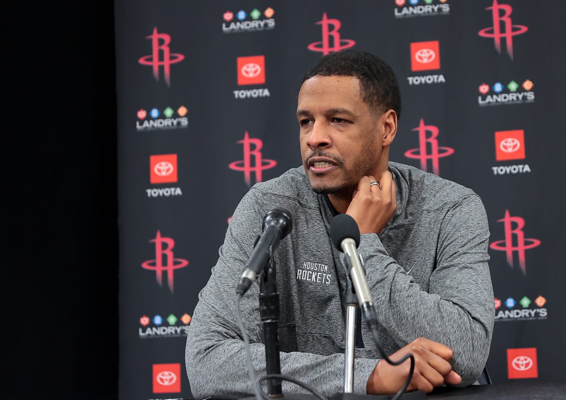 NEW YORK, U.S. - MARCH 27: The Head Coach of the Houston Rockets, Stephen Silas speaks to the media after the game against the New York Knicks at the Madison Square Garden, New York City. (Photo by Selçuk Acar/Anadolu Agency via Getty Images)