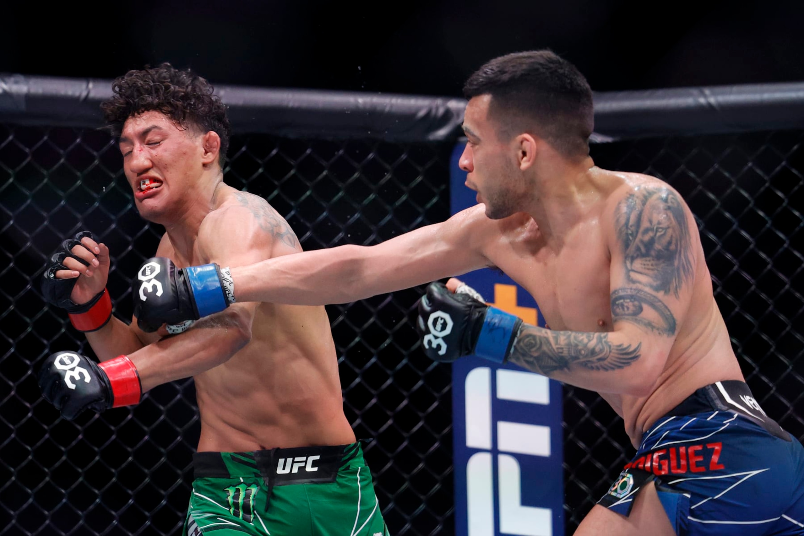 MIAMI, FLORIDA - APRIL 08: Christian Rodriguez (R) punches Raul Rosas Jr. in their bantamweight bout at Kaseya Center on April 08, 2023 in Miami, Florida. (Photo by Carmen Mandato/Getty Images)