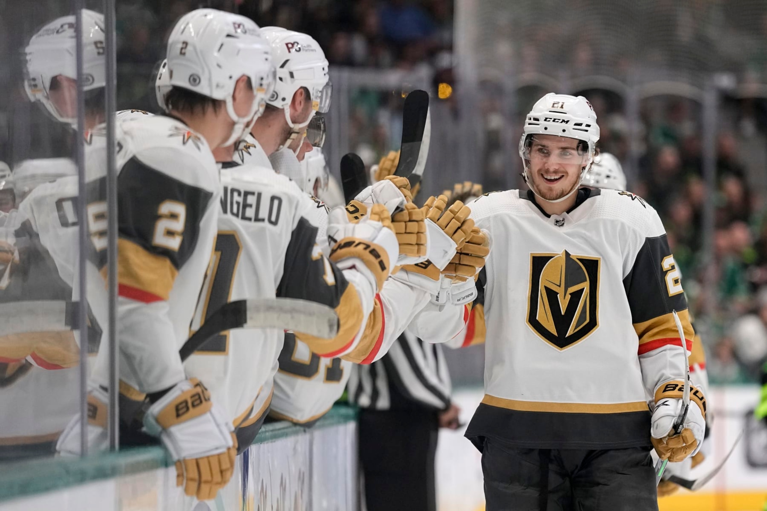 DALLAS, TEXAS - APRIL 08: Brett Howden #21 of the Vegas Golden Knights is congratulated by teammates after scoring a goal during the first period against the Dallas Stars at American Airlines Center on April 08, 2023 in Dallas, Texas. (Photo by Sam Hodde/NHLI via Getty Images)