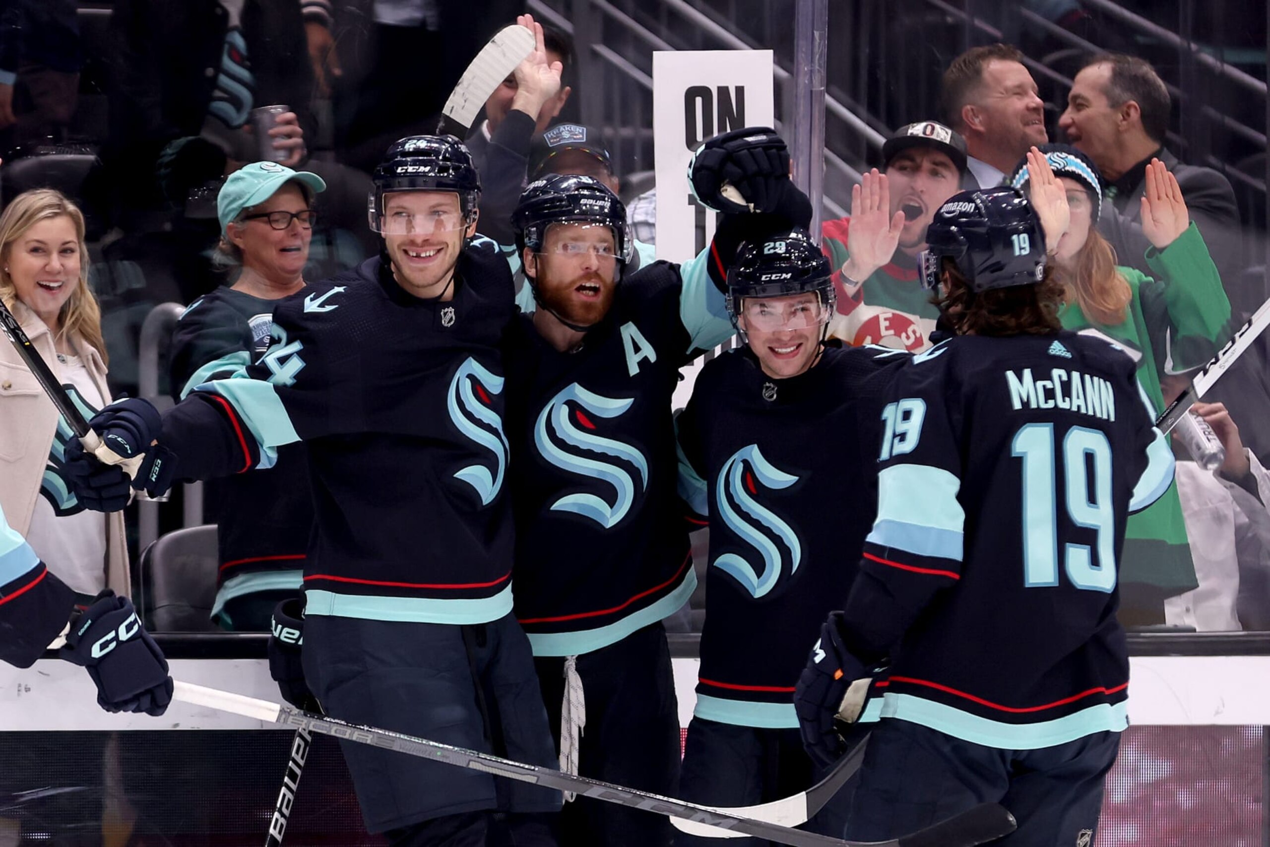 SEATTLE, WASHINGTON - APRIL 08: Adam Larsson #6 of the Seattle Kraken celebrates his goal against the Chicago Blackhawks during the second period at Climate Pledge Arena on April 08, 2023 in Seattle, Washington. (Photo by Steph Chambers/Getty Images)