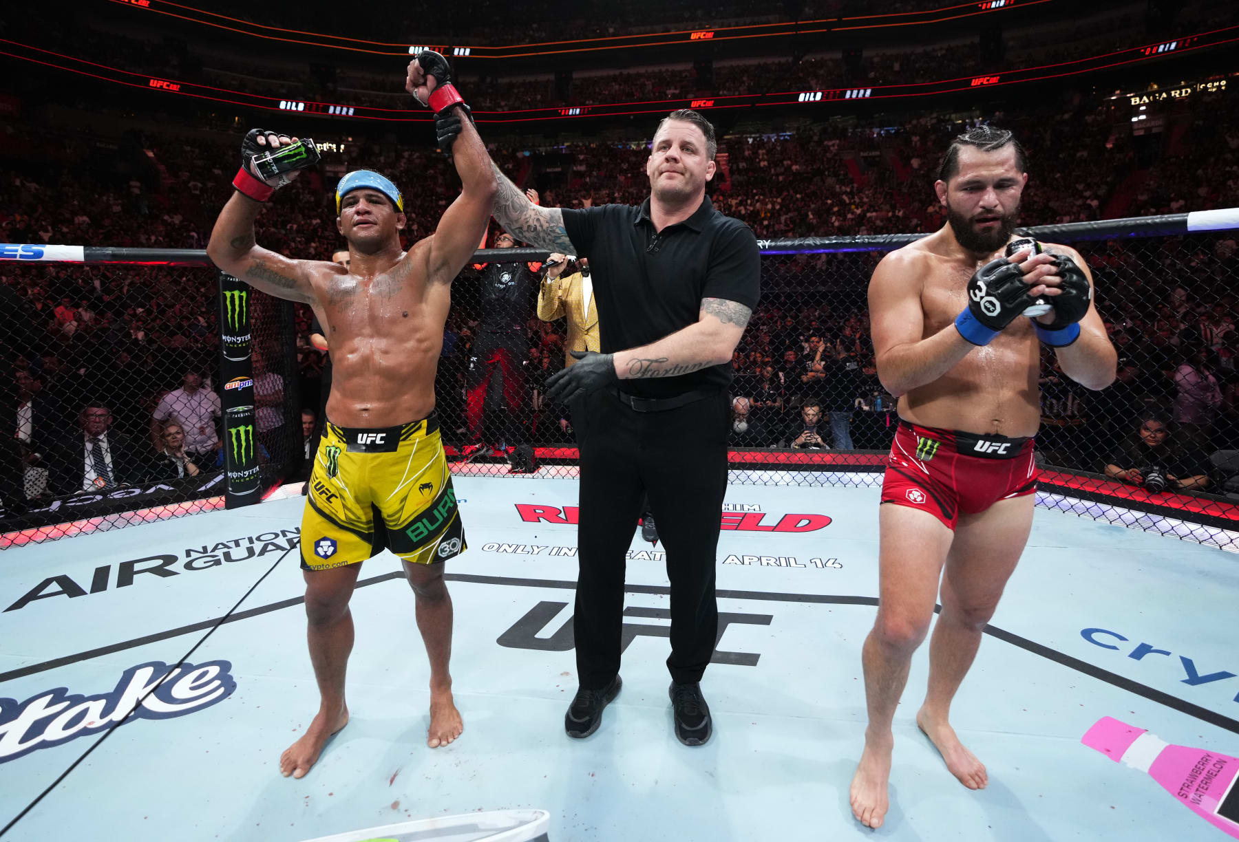MIAMI, FLORIDA - APRIL 08: Gilbert Burns of Brazil reacts after his decision victory over Jorge Masvidal in the UFC middleweight championship fight during the UFC 287 event at Kaseya Center on April 08, 2023 in Miami, Florida. (Photo by Jeff Bottari/Zuffa LLC via Getty Images)