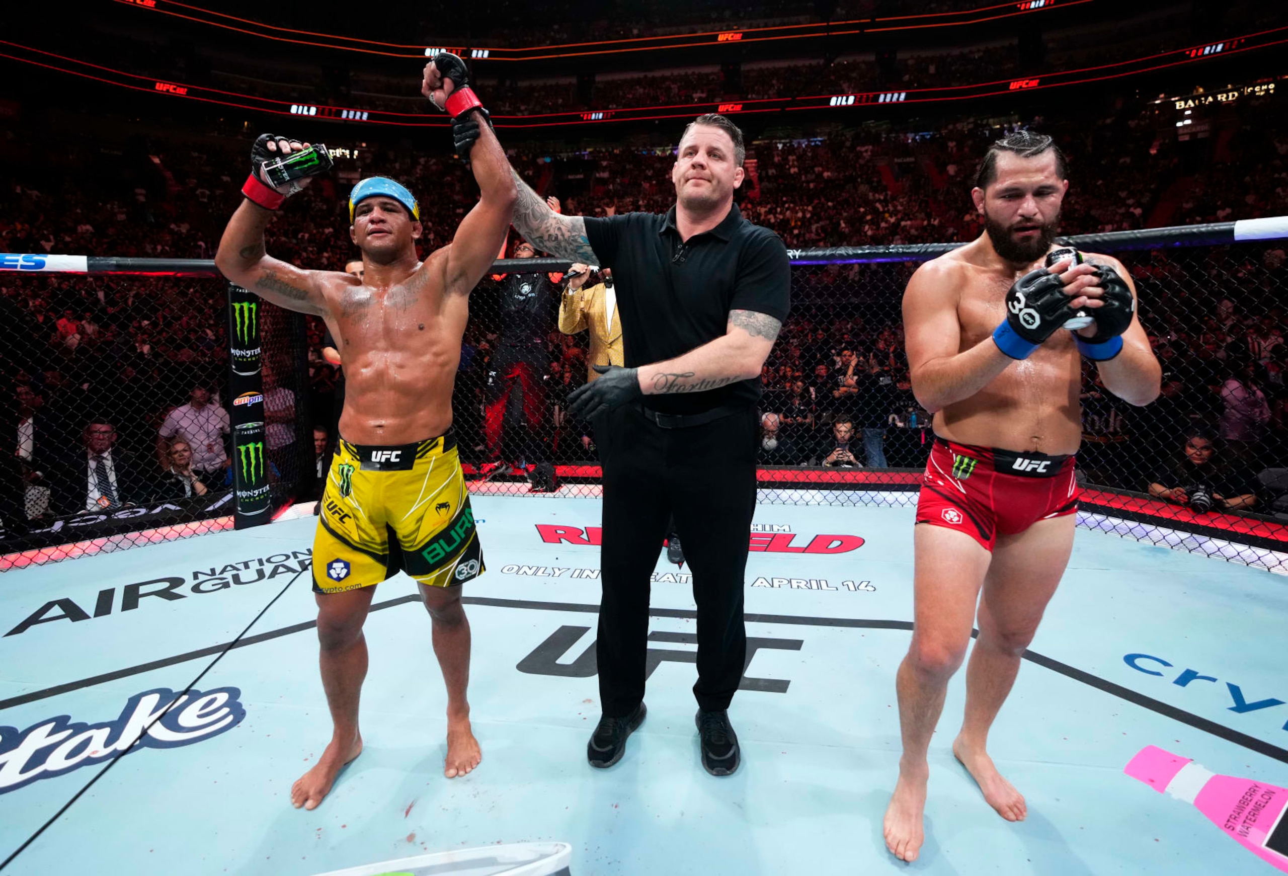 MIAMI, FLORIDA - APRIL 08: Gilbert Burns of Brazil reacts after his decision victory over Jorge Masvidal in the UFC middleweight championship fight during the UFC 287 event at Kaseya Center on April 08, 2023 in Miami, Florida. (Photo by Jeff Bottari/Zuffa LLC via Getty Images)