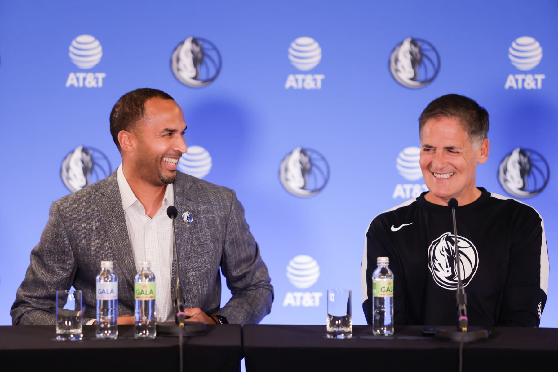 LJUBLJANA, SLOVENIA - 2021/08/10: Dallas Mavericks General Manager Nico Harrison (L) and owner Mark Cuban speak at a press conference.
Slovenian NBA star, Luka Doncic signed a five-year 207-million-dollar contract extension with the Dallas Mavericks. Mark Cuban, Mavericks owner, head coach Jason Kidd, general manager Nico Harrison and advisor Dirk Nowitzki arrived in Slovenia to formalize the deal. (Photo by Luka Dakskobler/SOPA Images/LightRocket via Getty Images)