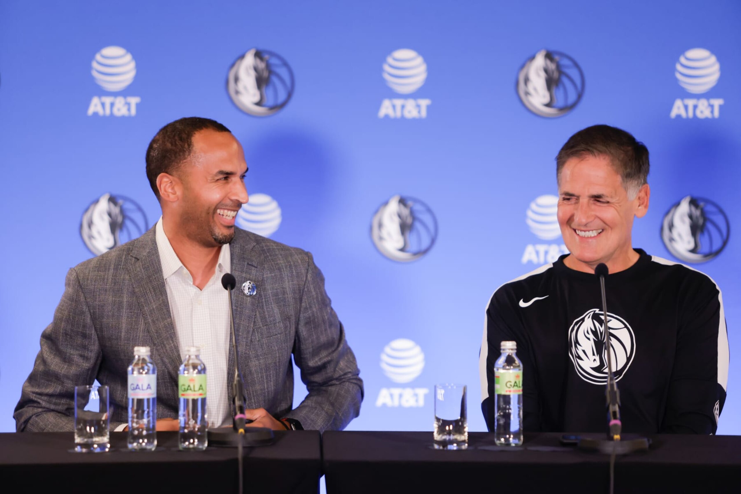 LJUBLJANA, SLOVENIA - 2021/08/10: Dallas Mavericks General Manager Nico Harrison (L) and owner Mark Cuban speak at a press conference.
Slovenian NBA star, Luka Doncic signed a five-year 207-million-dollar contract extension with the Dallas Mavericks. Mark Cuban, Mavericks owner, head coach Jason Kidd, general manager Nico Harrison and advisor Dirk Nowitzki arrived in Slovenia to formalize the deal. (Photo by Luka Dakskobler/SOPA Images/LightRocket via Getty Images)