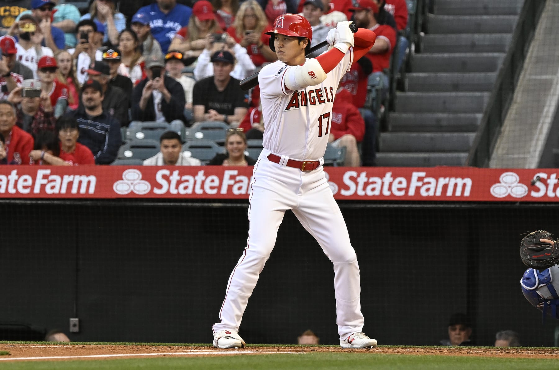 ANAHEIM, CA - APRIL 08: Shohei Ohtani #17 of the Los Angeles Angels at bat in the first inning of the game against the Toronto Blue Jays at Angel Stadium of Anaheim on April 8, 2023 in Anaheim, California. (Photo by John McCoy/Getty Images)