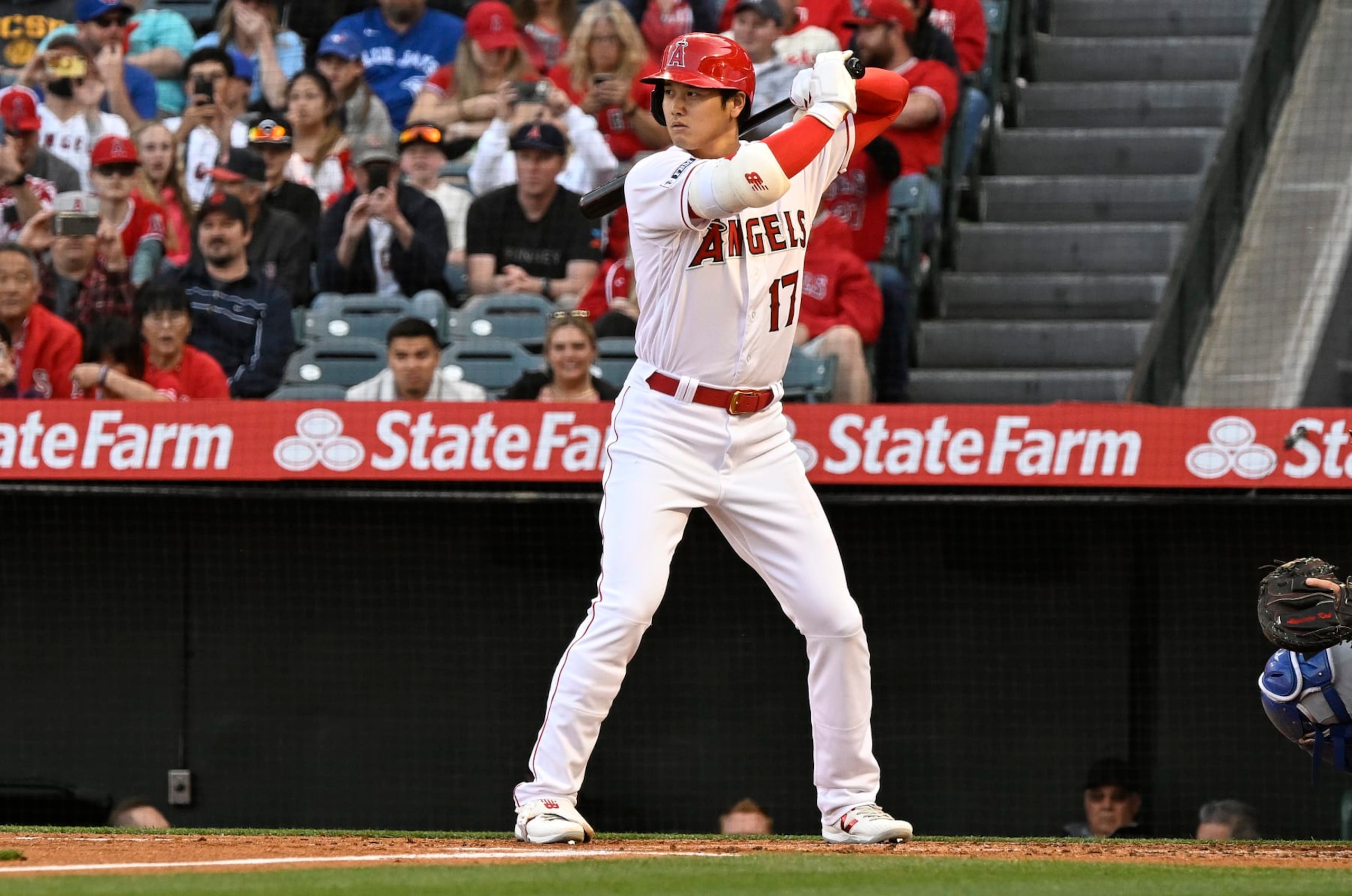 ANAHEIM, CA - APRIL 08: Shohei Ohtani #17 of the Los Angeles Angels at bat in the first inning of the game against the Toronto Blue Jays at Angel Stadium of Anaheim on April 8, 2023 in Anaheim, California. (Photo by John McCoy/Getty Images)