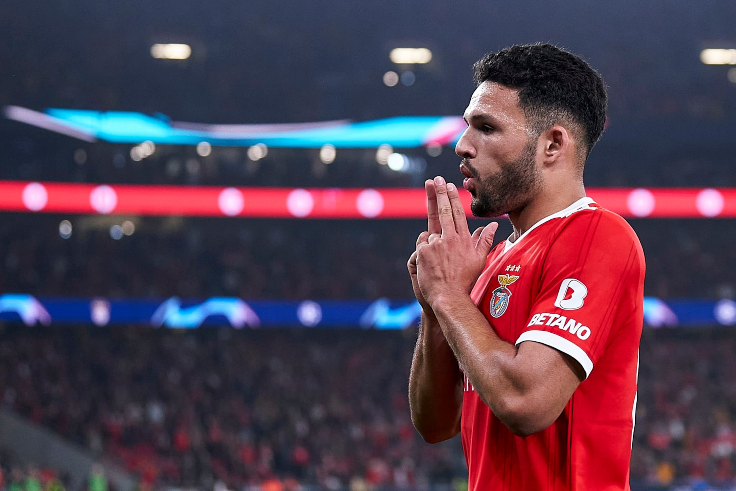 LISBON, PORTUGAL - MARCH 07:  Goncalo Ramos of SL Benfica celebrates after scoring his team's third goal during the UEFA Champions League round of 16 leg two match between SL Benfica and Club Brugge KV at Estadio do Sport Lisboa e Benfica on March 07, 2023 in Lisbon, Portugal. (Photo by Jose Manuel Alvarez/Quality Sport Images/Getty Images)