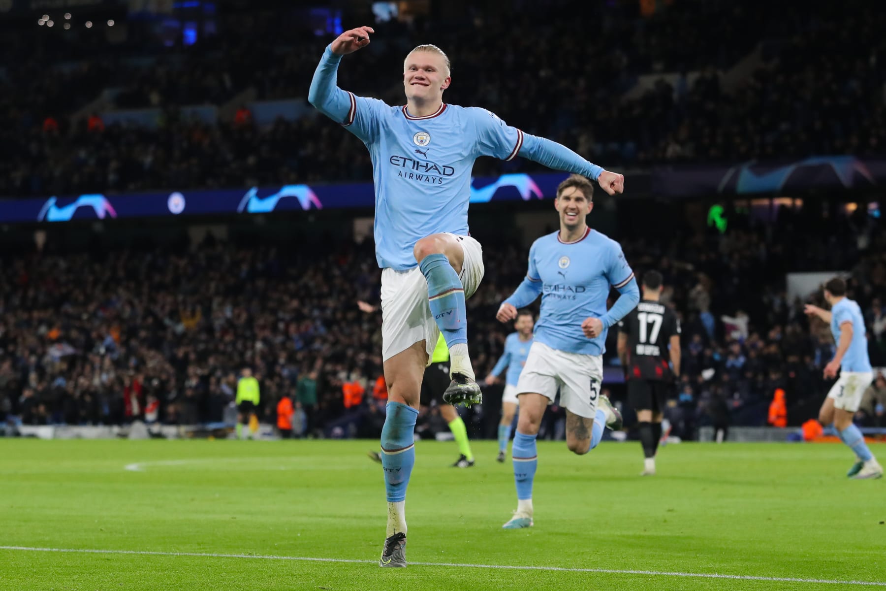 MANCHESTER, ENGLAND - MARCH 14: Erling Haaland of Manchester City celebrates after scoring his fourth and his side's fifth goal during the UEFA Champions League round of 16 leg two match between Manchester City and RB Leipzig at Etihad Stadium on March 14, 2023 in Manchester, England. (Photo by James Gill - Danehouse/Getty Images)