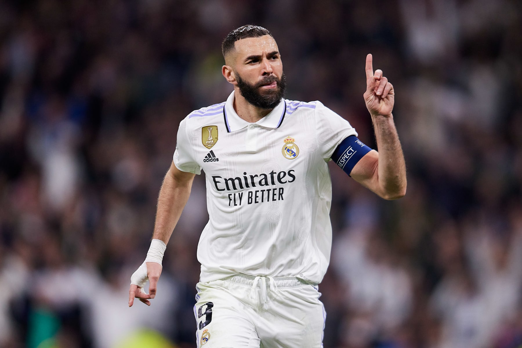 MADRID, SPAIN - 2023/03/15: Karim Benzema of Real Madrid celebrates after scoring a goal during the UEFA Champions League, Round of 16, Second Leg between Real Madrid CF and Liverpool FC at Santiago Bernabeu Stadium. Final score; Real Madrid 1:0 Liverpool. (Photo by Ruben Albarran/SOPA Images/LightRocket via Getty Images)