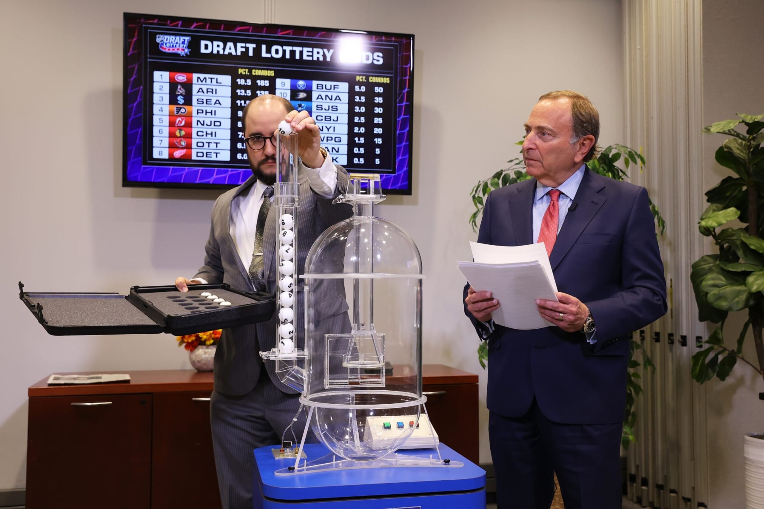 SECAUCUS, NEW JERSEY - MAY 10: Commissioner of the National Hockey League Gary Bettman presides over the 2022 NHL Draft Lottery on May 10, 2022 at the NHL Network's studio in Secaucus, New Jersey. (Photo by Mike Stobe/NHLI via Getty Images)