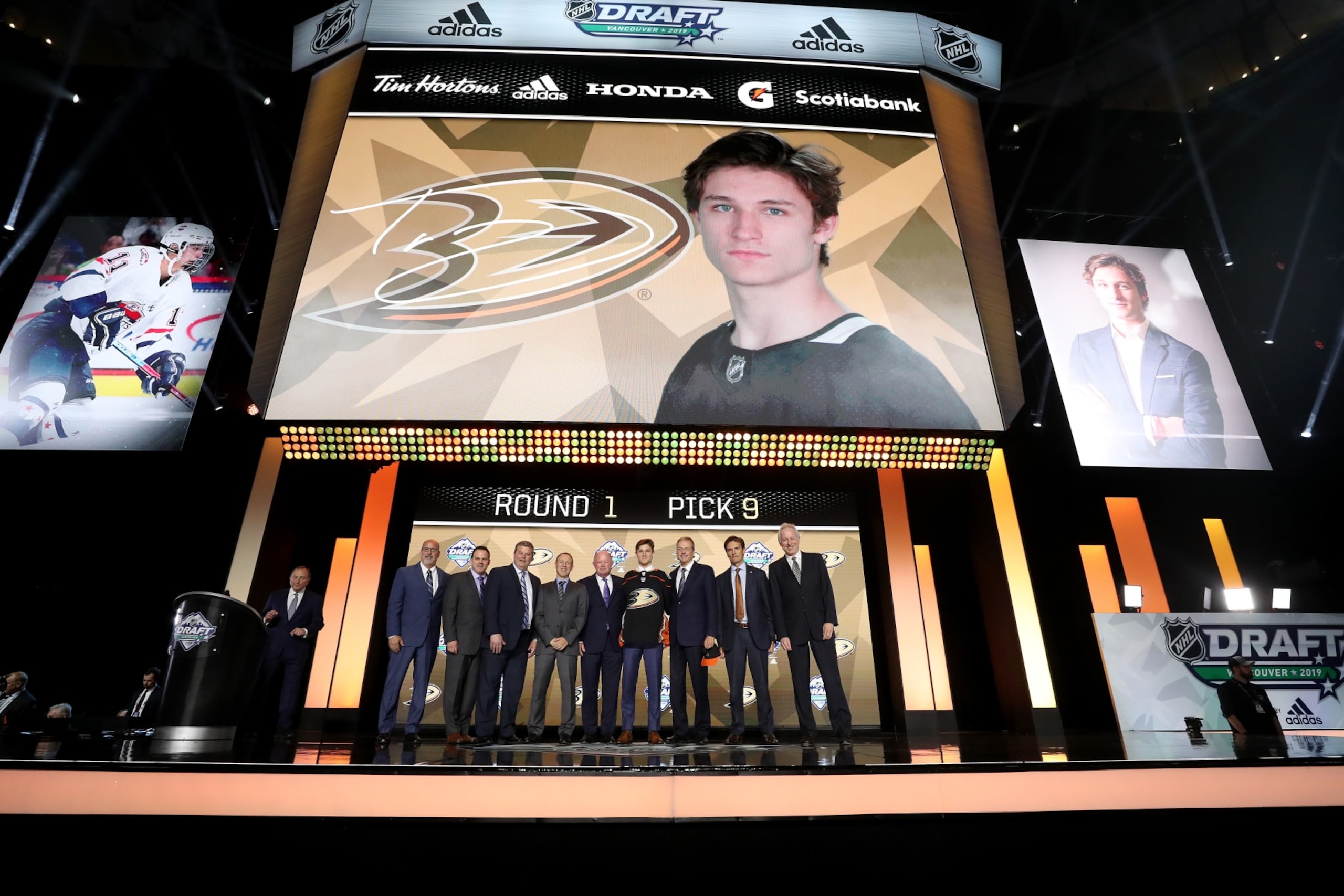 VANCOUVER, BRITISH COLUMBIA - JUNE 21: Trevor Zegras reacts after being selected ninth overall by the Anaheim Ducks during the first round of the 2019 NHL Draft at Rogers Arena on June 21, 2019 in Vancouver, Canada. (Photo by Bruce Bennett/Getty Images)