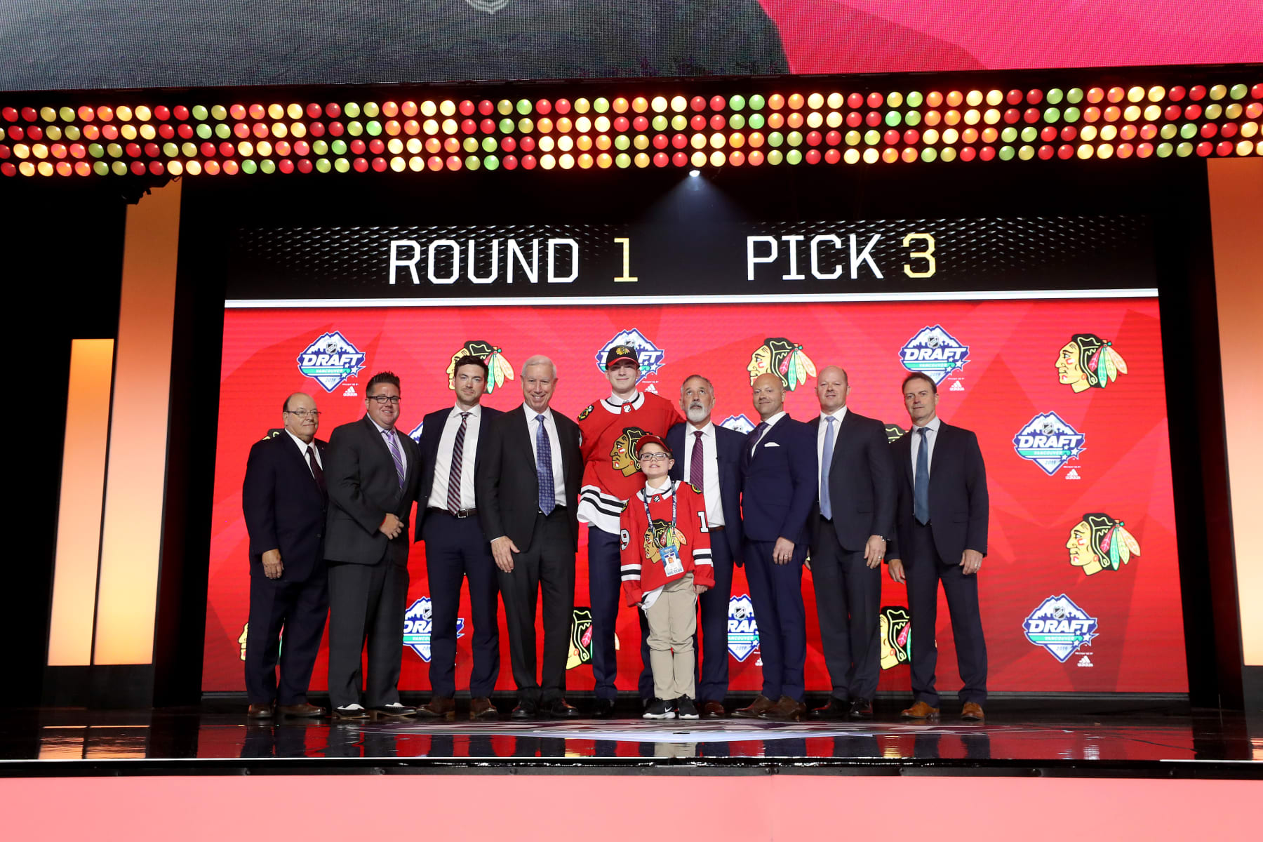 VANCOUVER, BRITISH COLUMBIA - JUNE 21: Kirby Dach reacts after being selected third overall by the Chicago Blackhawks during the first round of the 2019 NHL Draft at Rogers Arena on June 21, 2019 in Vancouver, Canada. (Photo by Bruce Bennett/Getty Images)
