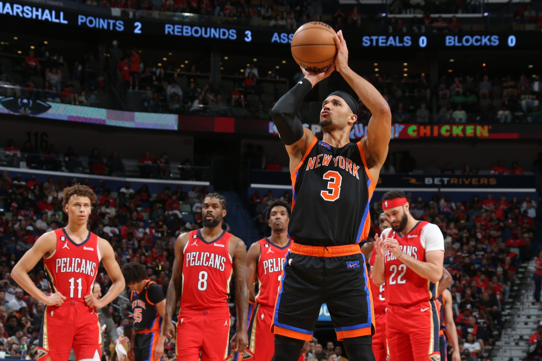 NEW ORLEANS, LA - APRIL 7: Josh Hart #3 of the New York Knicks shoots a free throw during the game against the New Orleans Pelicans on April 7, 2023 at the Smoothie King Center in New Orleans, Louisiana. NOTE TO USER: User expressly acknowledges and agrees that, by downloading and or using this Photograph, user is consenting to the terms and conditions of the Getty Images License Agreement. Mandatory Copyright Notice: Copyright 2023 NBAE (Photo by Layne Murdoch Jr./NBAE via Getty Images)