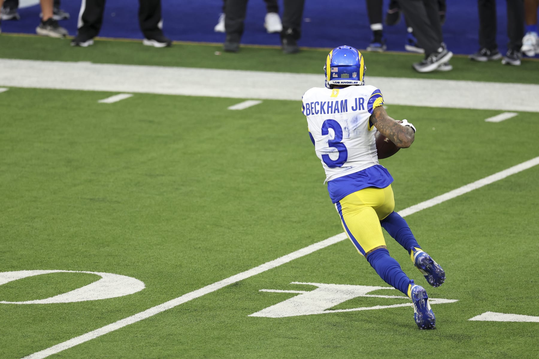INGLEWOOD, CALIFORNIA - FEBRUARY 13: Odell Beckham Jr. #3 of the Los Angeles Rams runs against the Cincinnati Bengals during the NFL Super Bowl 56 football game, at SoFi Stadium on February 13, 2022 in Inglewood, California. The Rams won 23-20. (Photo by Michael Owens/Getty Images)