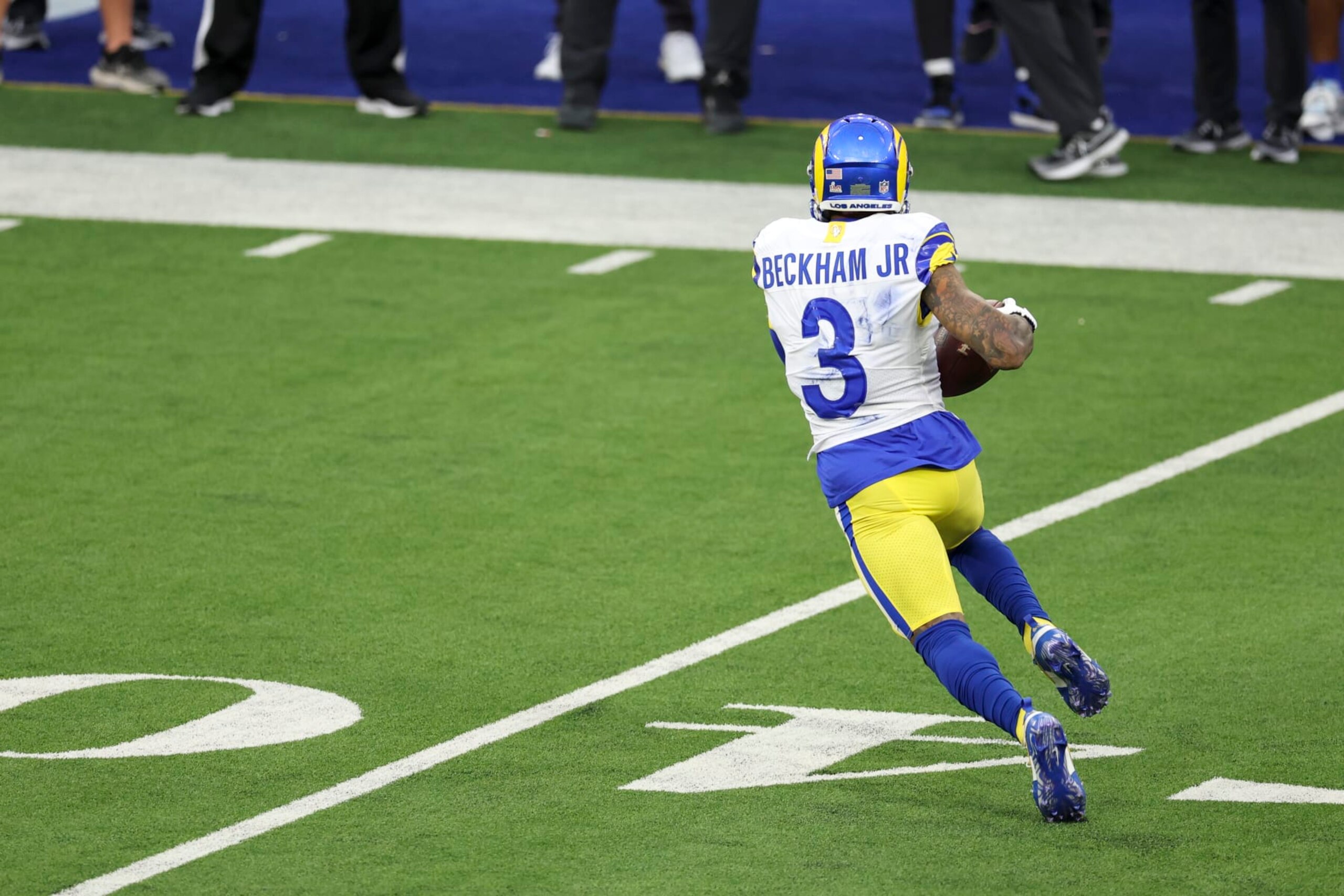 INGLEWOOD, CALIFORNIA - FEBRUARY 13: Odell Beckham Jr. #3 of the Los Angeles Rams runs against the Cincinnati Bengals during the NFL Super Bowl 56 football game, at SoFi Stadium on February 13, 2022 in Inglewood, California. The Rams won 23-20. (Photo by Michael Owens/Getty Images)