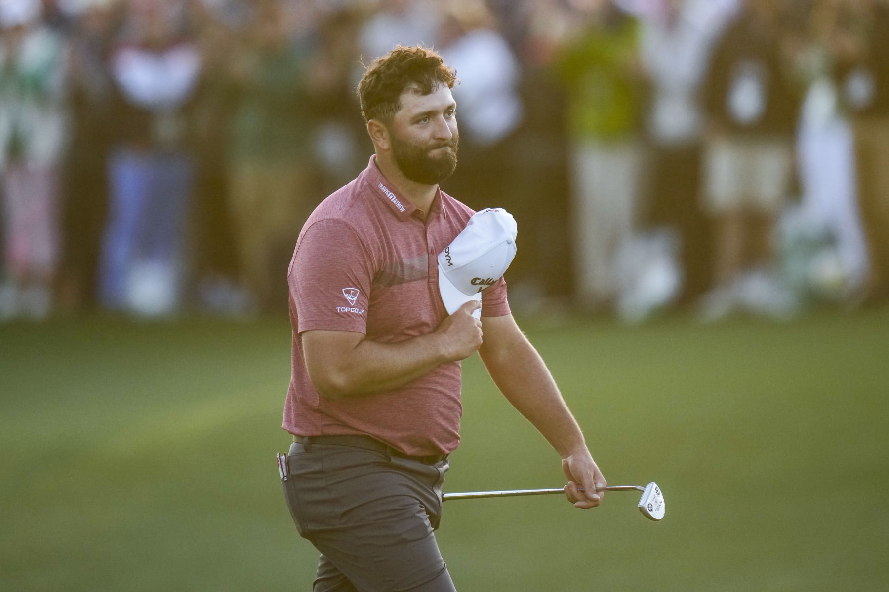 Jon Rahm, of Spain, celebrates on the 18th green after wining the Masters golf tournament at Augusta National Golf Club on Sunday, April 9, 2023, in Augusta, Ga. (AP Photo/Jae C. Hong)