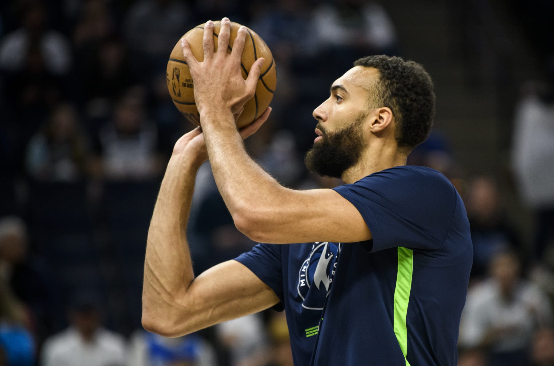 MINNEAPOLIS, MN - APRIL 09: Rudy Gobert #27 of the Minnesota Timberwolves warms up before the game against the New Orleans Pelicans at Target Center on April 9, 2023 in Minneapolis, Minnesota. (Photo by Stephen Maturen/Getty Images) NOTE TO USER: User expressly acknowledges and agrees that, by downloading and or using this photograph, User is consenting to the terms and conditions of the Getty Images License Agreement.
