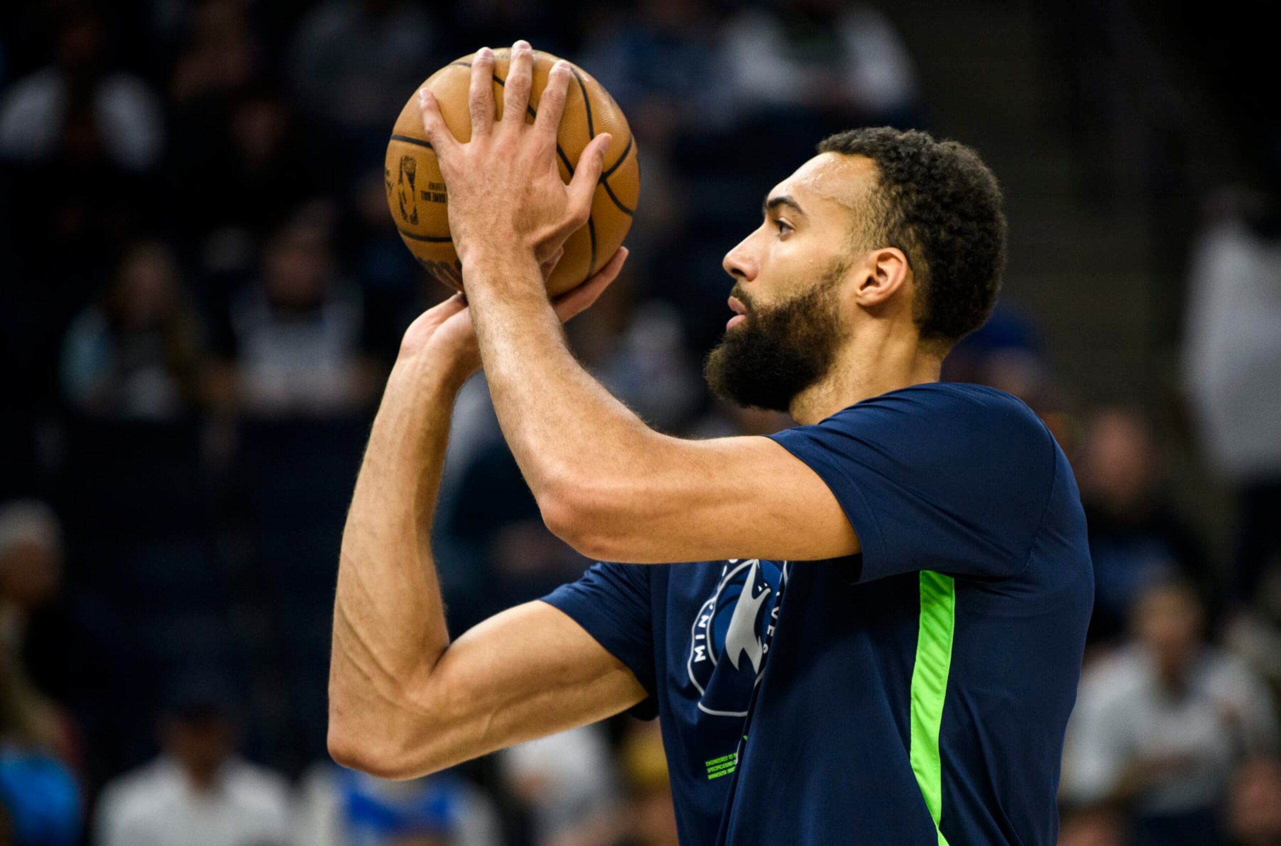MINNEAPOLIS, MN - APRIL 09: Rudy Gobert #27 of the Minnesota Timberwolves warms up before the game against the New Orleans Pelicans at Target Center on April 9, 2023 in Minneapolis, Minnesota. (Photo by Stephen Maturen/Getty Images) NOTE TO USER: User expressly acknowledges and agrees that, by downloading and or using this photograph, User is consenting to the terms and conditions of the Getty Images License Agreement.