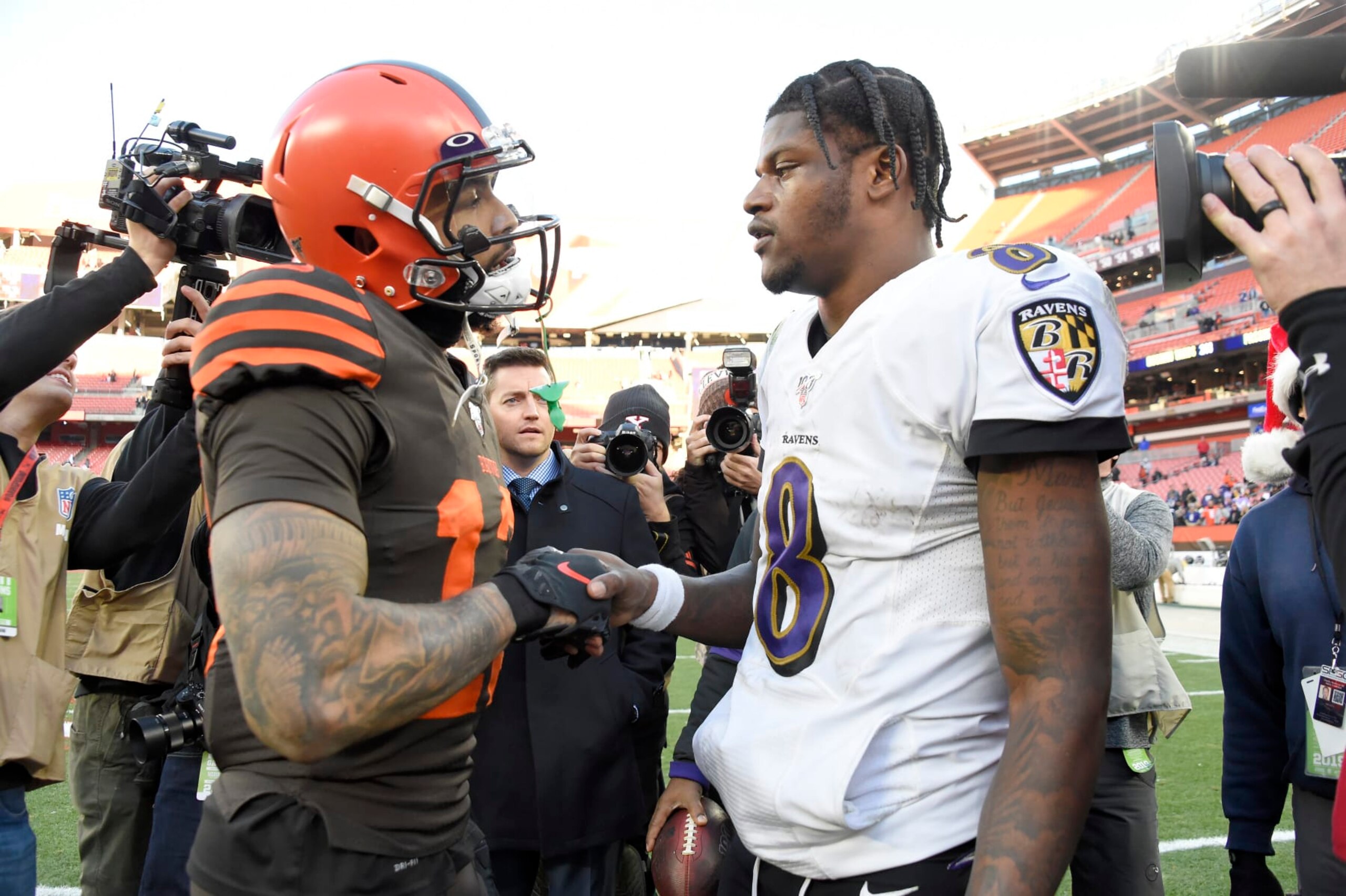 CLEVELAND, OHIO - DECEMBER 22: Wide receiver Odell Beckham #13 of the Cleveland Browns shakes hands with quarterback Lamar Jackson #8 of the Baltimore Ravens after the game at FirstEnergy Stadium on December 22, 2019 in Cleveland, Ohio. The Ravens defeated the Browns 31-15. (Photo by Jason Miller/Getty Images) CLEVELAND, OHIO - DECEMBER 22: Wide receiver Odell Beckham #13 of the Cleveland Browns shakes hands with quarterback Lamar Jackson #8 of the Baltimore Ravens after the game at FirstEnergy Stadium on December 22, 2019 in Cleveland, Ohio. The Ravens defeated the Browns 31-15. (Photo by Jason Miller/Getty Images)