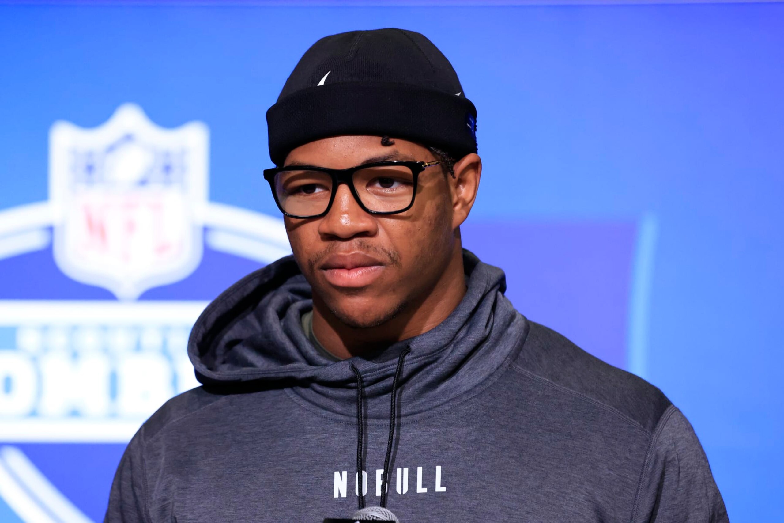 INDIANAPOLIS, INDIANA - MARCH 01: Defensive lineman Nolan Smith of Georgia speaks with the media during the NFL Combine at Lucas Oil Stadium on March 01, 2023 in Indianapolis, Indiana. (Photo by Justin Casterline/Getty Images) INDIANAPOLIS, INDIANA - MARCH 01: Defensive lineman Nolan Smith of Georgia speaks with the media during the NFL Combine at Lucas Oil Stadium on March 01, 2023 in Indianapolis, Indiana. (Photo by Justin Casterline/Getty Images)