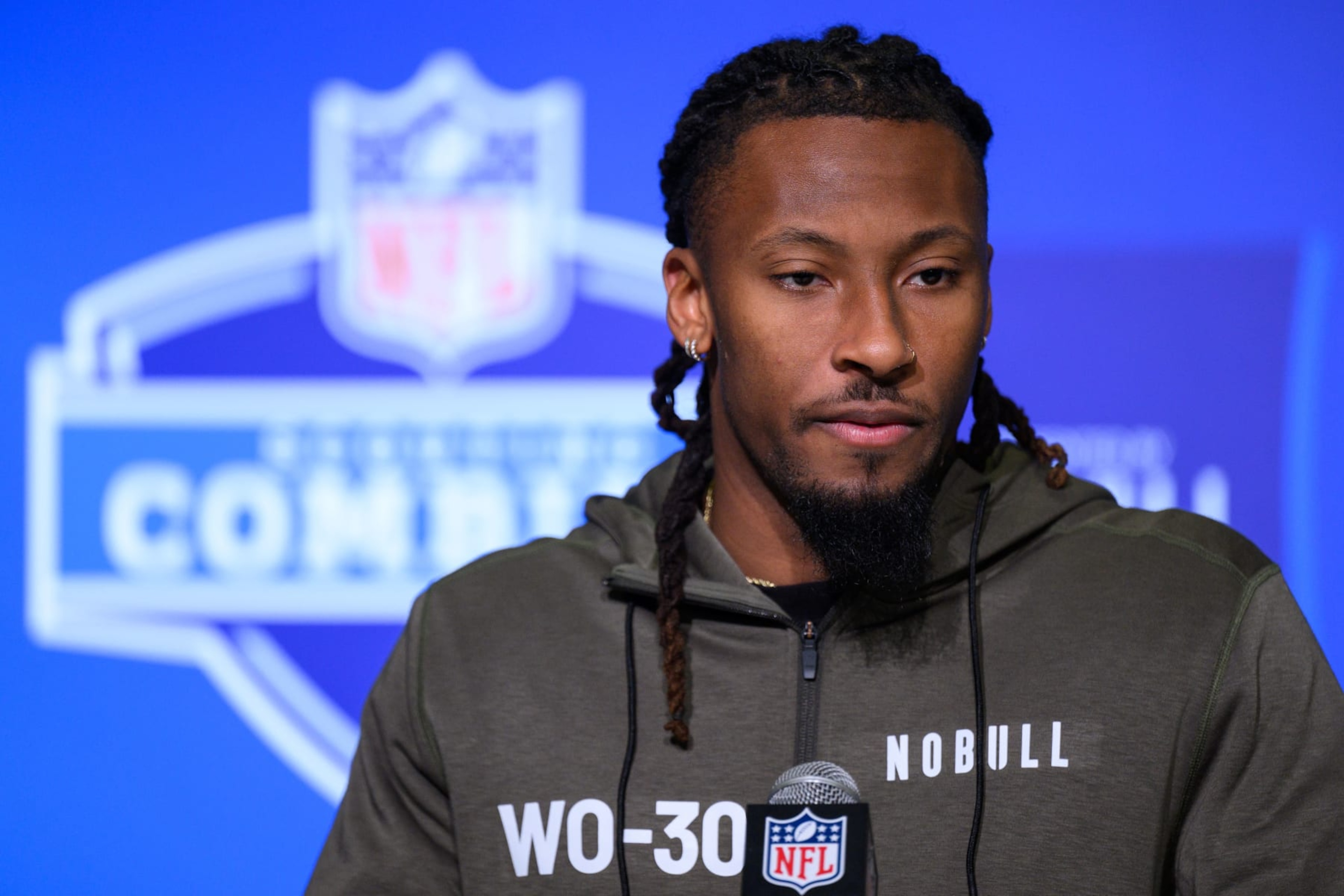 INDIANAPOLIS, IN - MARCH 03: TCU wide receiver Quentin Johnston answers questions from the media during the NFL Scouting Combine on March 3, 2023, at the Indiana Convention Center in Indianapolis, IN. (Photo by Zach Bolinger/Icon Sportswire via Getty Images) INDIANAPOLIS, IN - MARCH 03: TCU wide receiver Quentin Johnston answers questions from the media during the NFL Scouting Combine on March 3, 2023, at the Indiana Convention Center in Indianapolis, IN. (Photo by Zach Bolinger/Icon Sportswire via Getty Images)