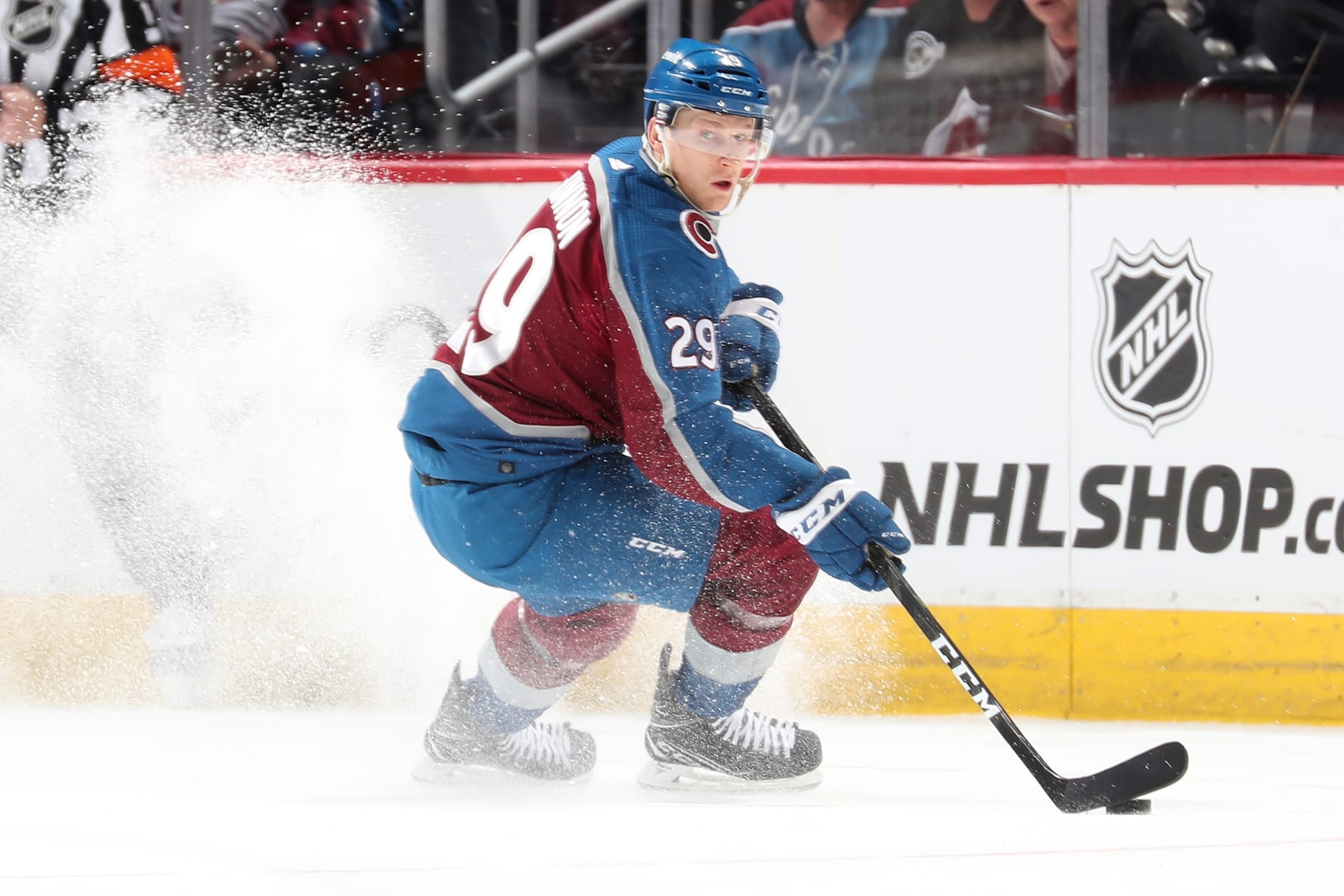 DENVER, COLORADO - MARCH 22: Nathan MacKinnon #29 of the Colorado Avalanche skates against the Pittsburgh Penguins at Ball Arena on March 22, 2023 in Denver, Colorado. (Photo by Michael Martin/NHLI via Getty Images)