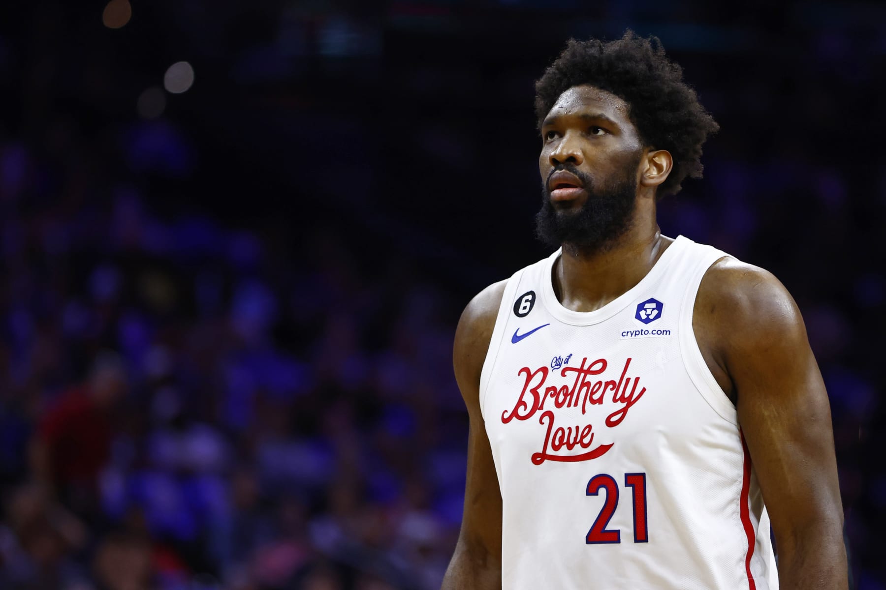 PHILADELPHIA, PA - APRIL 06: Joel Embiid #21 of the Philadelphia 76ers in action against the Miami Heat during a game at Wells Fargo Center on April 6, 2023 in Philadelphia, Pennsylvania. The Heat defeated the 76ers 129-101. NOTE TO USER: User expressly acknowledges and agrees that, by downloading and or using this photograph, User is consenting to the terms and conditions of the Getty Images License Agreement. (Photo by Rich Schultz/Getty Images)