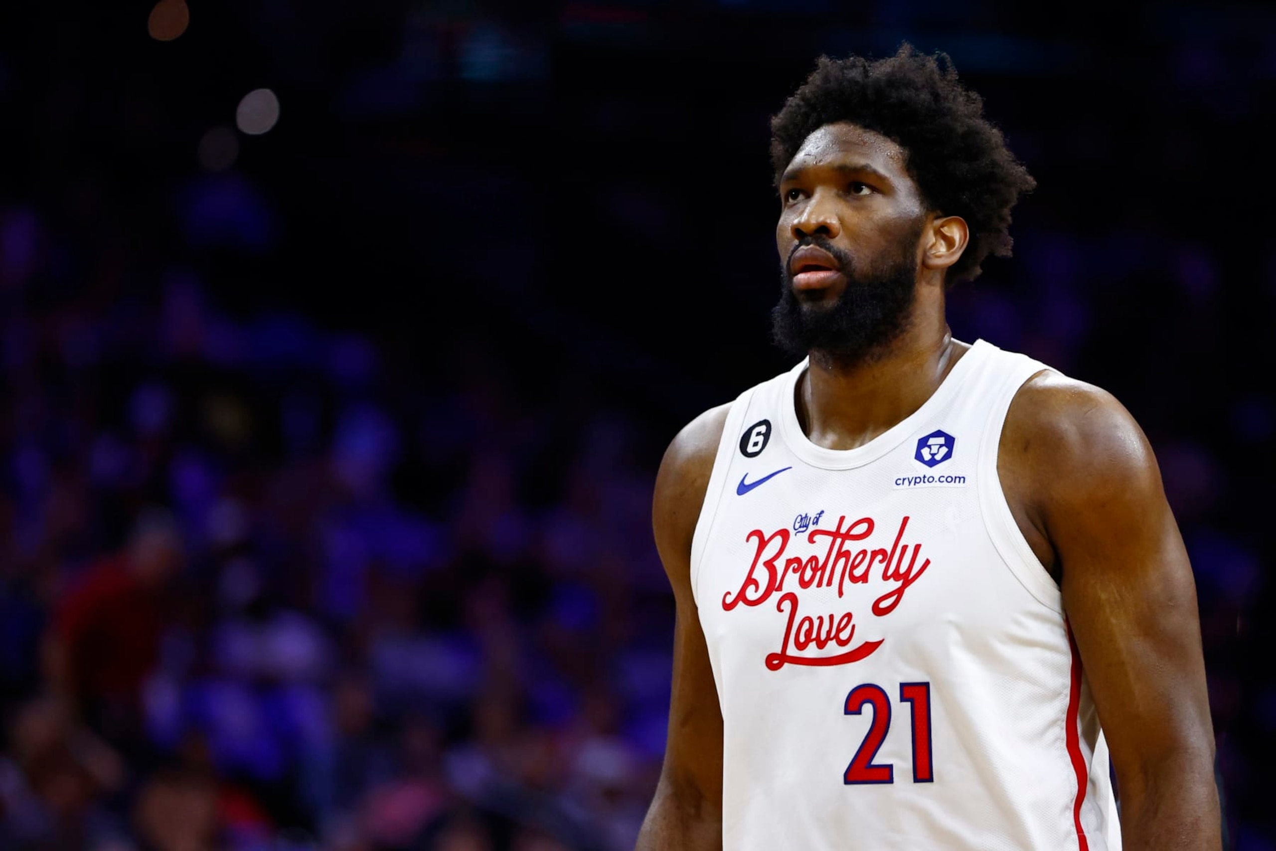 PHILADELPHIA, PA - APRIL 06: Joel Embiid #21 of the Philadelphia 76ers in action against the Miami Heat during a game at Wells Fargo Center on April 6, 2023 in Philadelphia, Pennsylvania. The Heat defeated the 76ers 129-101. NOTE TO USER: User expressly acknowledges and agrees that, by downloading and or using this photograph, User is consenting to the terms and conditions of the Getty Images License Agreement. (Photo by Rich Schultz/Getty Images)