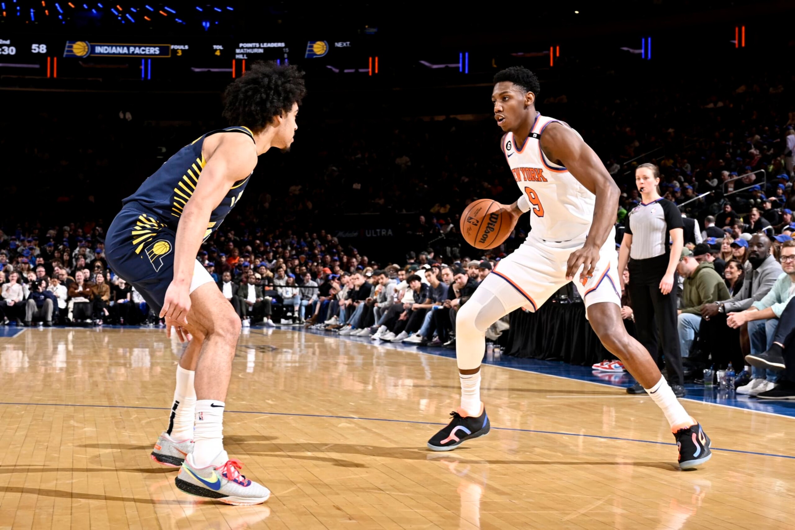 NEW YORK, NY - APRIL 9: RJ Barrett #9 of the New York Knicks dribbles the ball during the game against the Indiana Pacers on April 9, 2023 at Madison Square Garden in New York City, New York. NOTE TO USER: User expressly acknowledges and agrees that, by downloading and or using this photograph, User is consenting to the terms and conditions of the Getty Images License Agreement. Mandatory Copyright Notice: Copyright 2023 NBAE  (Photo by David Dow/NBAE via Getty Images)