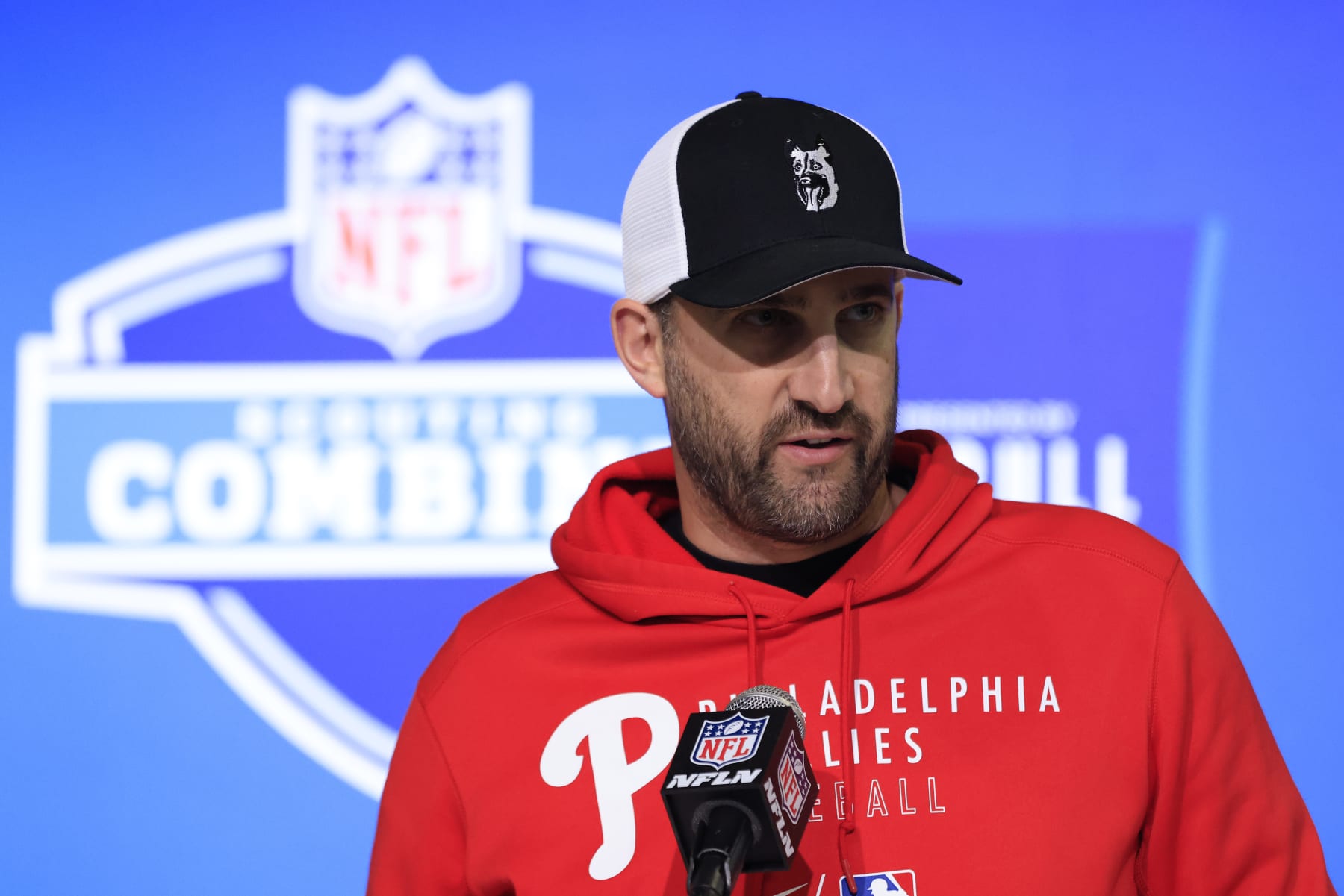 INDIANAPOLIS, INDIANA - FEBRUARY 28: Head coach Nick Sirianni of the Philadelphia Eagles speaks with the media during the NFL Combine at Lucas Oil Stadium on February 28, 2023 in Indianapolis, Indiana. (Photo by Justin Casterline/Getty Images)