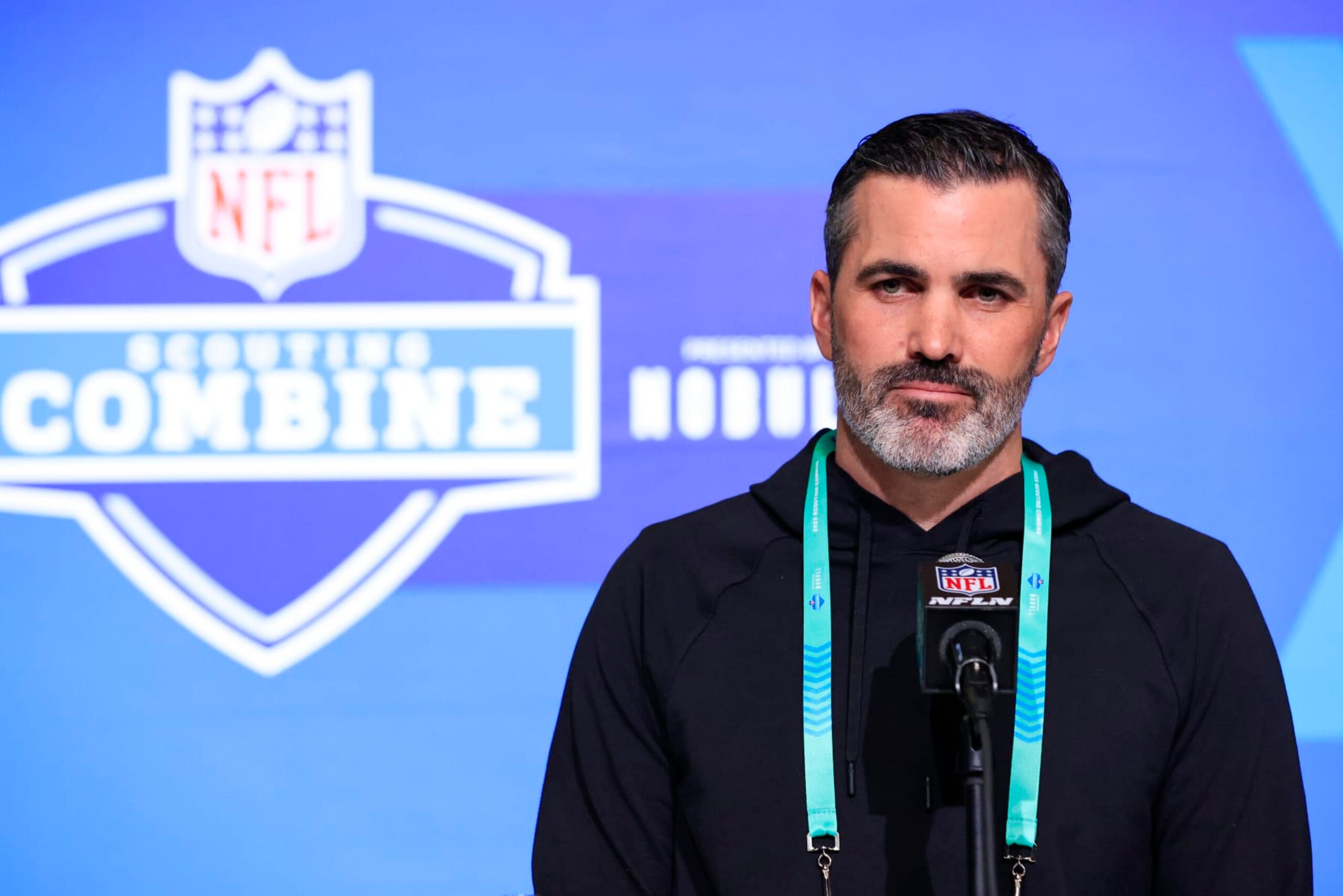 INDIANAPOLIS, INDIANA - MARCH 01: Head coach Kevin Stefanski of the Cleveland Browns speaks to the media during the NFL Combine at Lucas Oil Stadium on March 01, 2023 in Indianapolis, Indiana. (Photo by Justin Casterline/Getty Images)