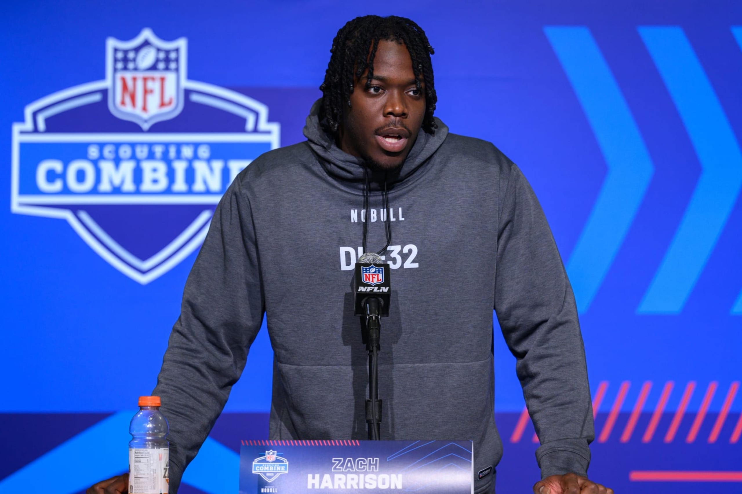 INDIANAPOLIS, IN - MARCH 01: Ohio State defensive lineman Zach Harrison answers questions from the media during the NFL Scouting Combine on March 1, 2023, at the Indiana Convention Center in Indianapolis, IN. (Photo by Zach Bolinger/Icon Sportswire via Getty Images)