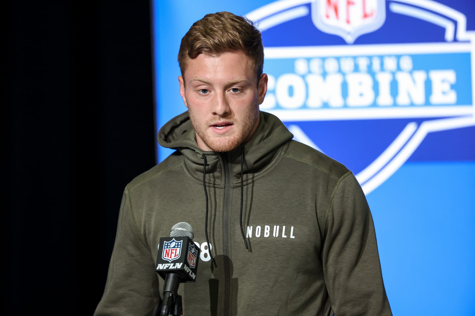 INDIANAPOLIS, IN - MARCH 03: Quarterback Will Levis of Kentucky speaks to the media during the NFL Combine at Lucas Oil Stadium on March 3, 2023 in Indianapolis, Indiana. (Photo by Michael Hickey/Getty Images)