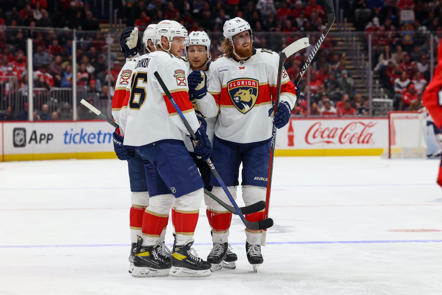 WASHINGTON, DC - APRIL 8: Carter Verhaeghe #23 of the Florida Panthers celebrates a goal against the Washington Capitals at Capital One Arena on April 8, 2023 in Washington, D.C. (Photo by John McCreary/NHLI via Getty Images)