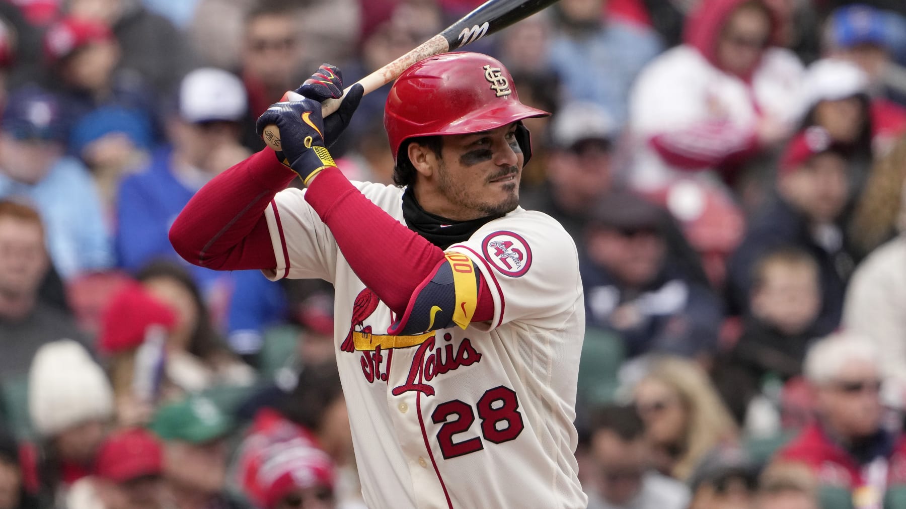 St. Louis Cardinals' Nolan Arenado bats during the first inning of a baseball game against the Toronto Blue Jays Saturday, April 1, 2023, in St. Louis. (AP Photo/Jeff Roberson)