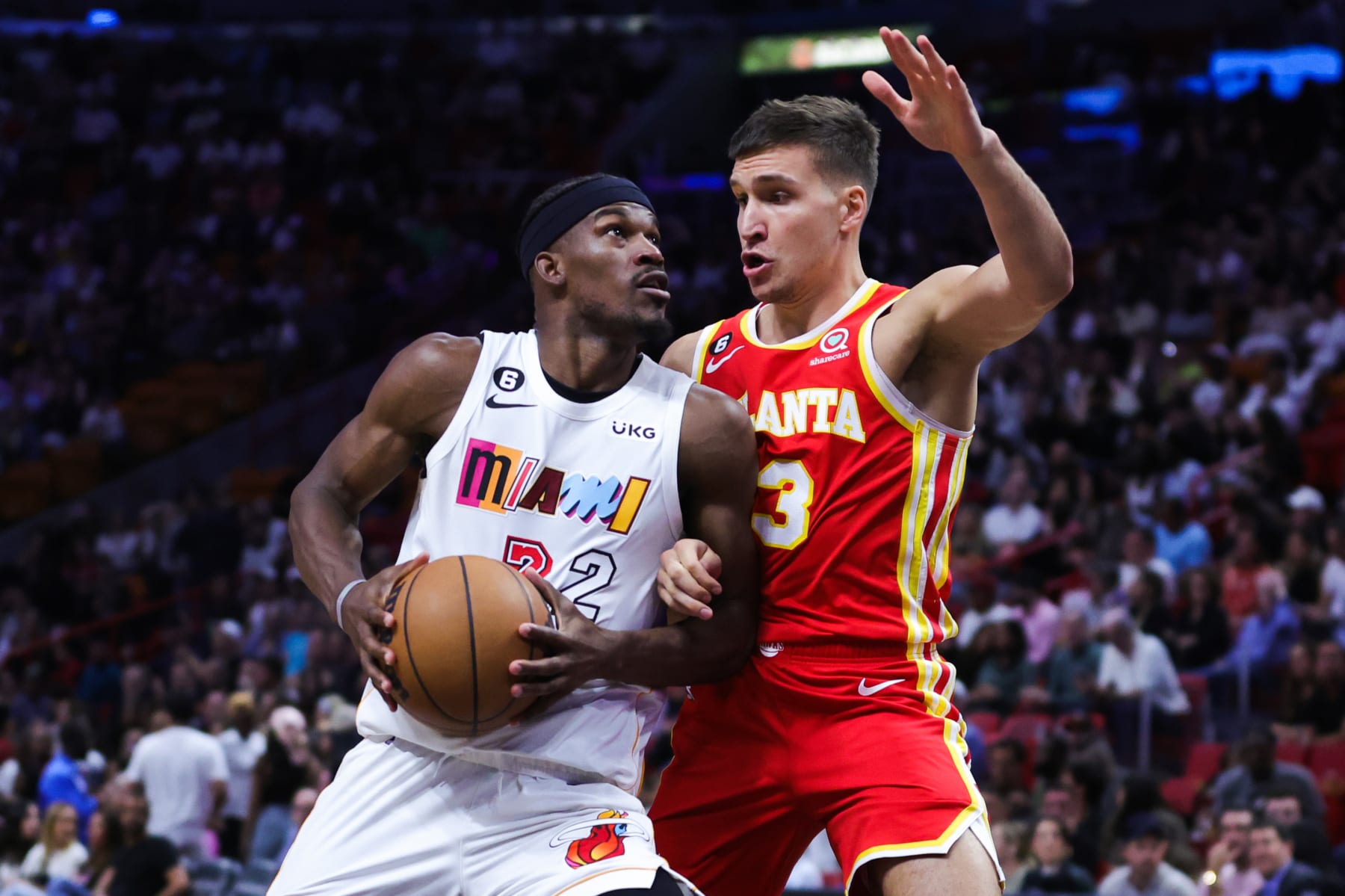 MIAMI, FLORIDA - MARCH 06: Jimmy Butler #22 of the Miami Heat in action against the Atlanta Hawks during the third quarter of the game at Miami-Dade Arena on March 06, 2023 in Miami, Florida. NOTE TO USER: User expressly acknowledges and agrees that, by downloading and or using this photograph, User is consenting to the terms and conditions of the Getty Images License Agreement. (Photo by Megan Briggs/Getty Images)