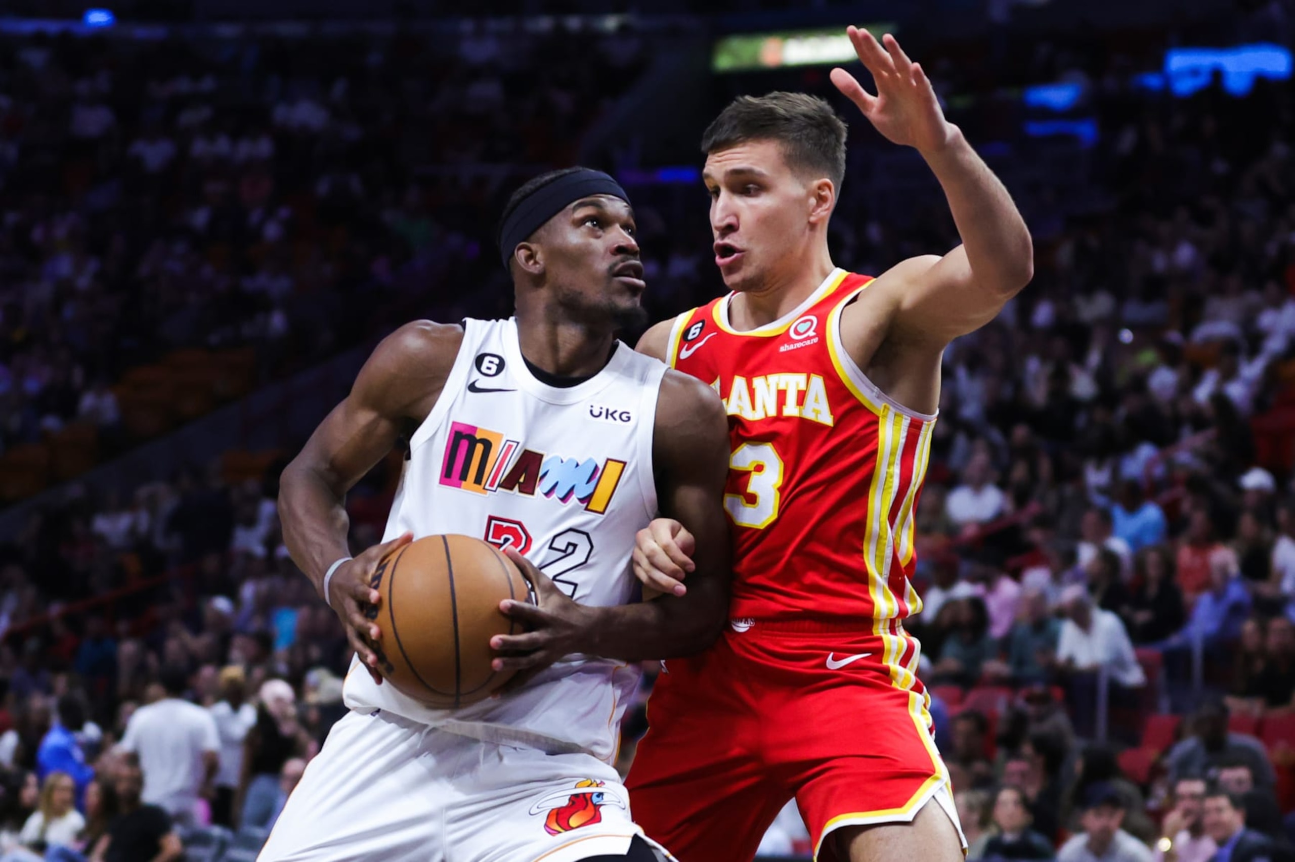 MIAMI, FLORIDA - MARCH 06: Jimmy Butler #22 of the Miami Heat in action against the Atlanta Hawks during the third quarter of the game at Miami-Dade Arena on March 06, 2023 in Miami, Florida. NOTE TO USER: User expressly acknowledges and agrees that, by downloading and or using this photograph, User is consenting to the terms and conditions of the Getty Images License Agreement. (Photo by Megan Briggs/Getty Images)