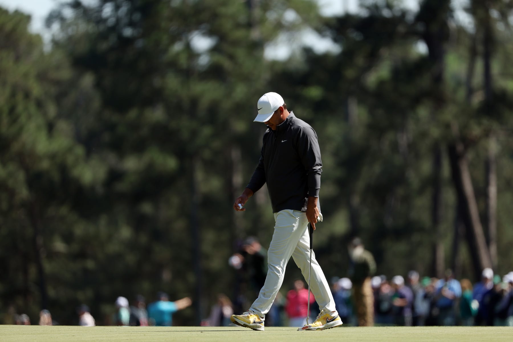 AUGUSTA, GEORGIA - APRIL 09: Brooks Koepka of the United States reacts on the third green during the final round of the 2023 Masters Tournament at Augusta National Golf Club on April 09, 2023 in Augusta, Georgia. (Photo by Patrick Smith/Getty Images)