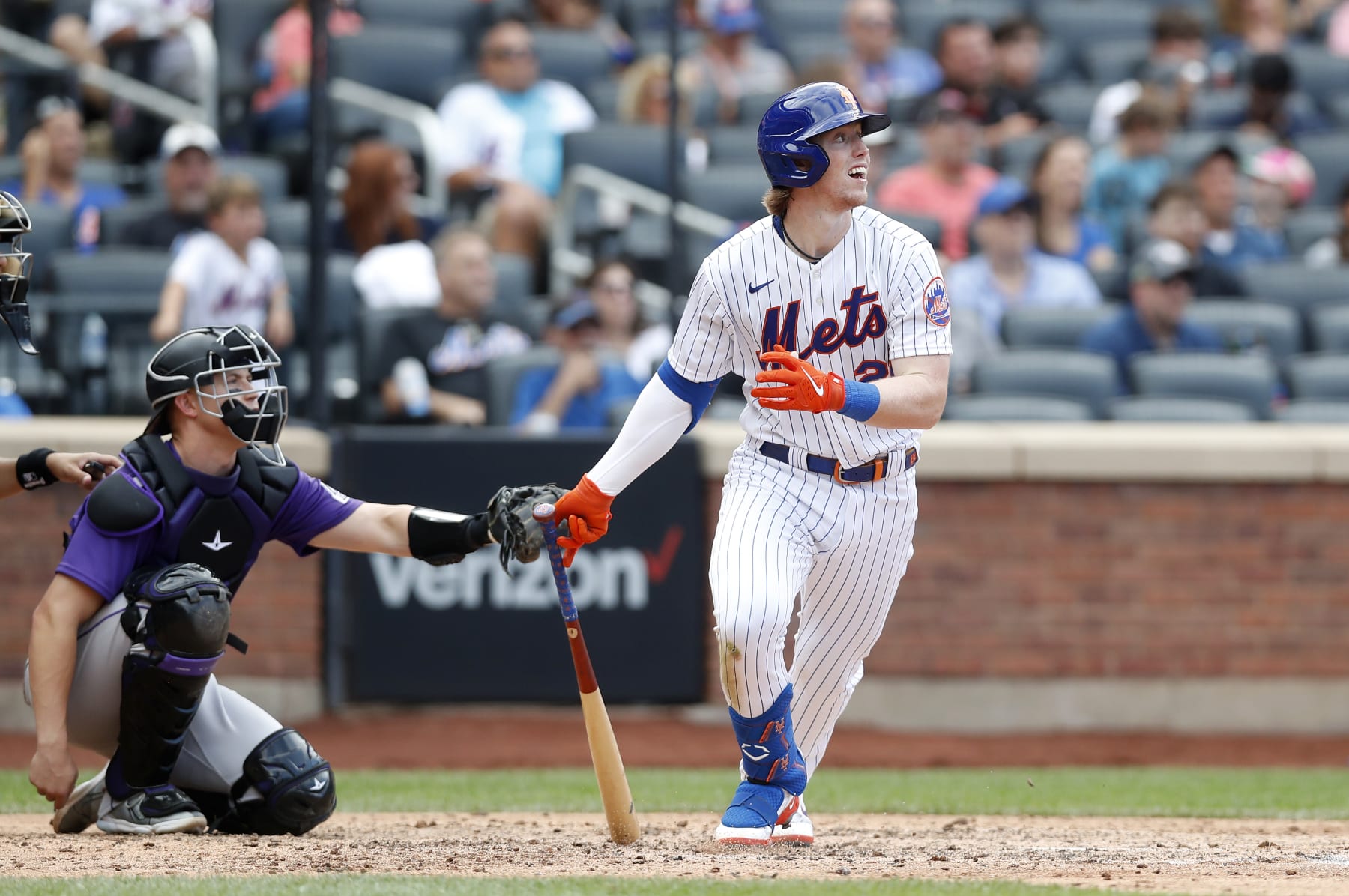 NEW YORK, NEW YORK - AUGUST 28:  Brett Baty #22 of the New York Mets follows through on an eighth inning single against the Colorado Rockies at Citi Field on August 28, 2022 in New York City. (Photo by Jim McIsaac/Getty Images)