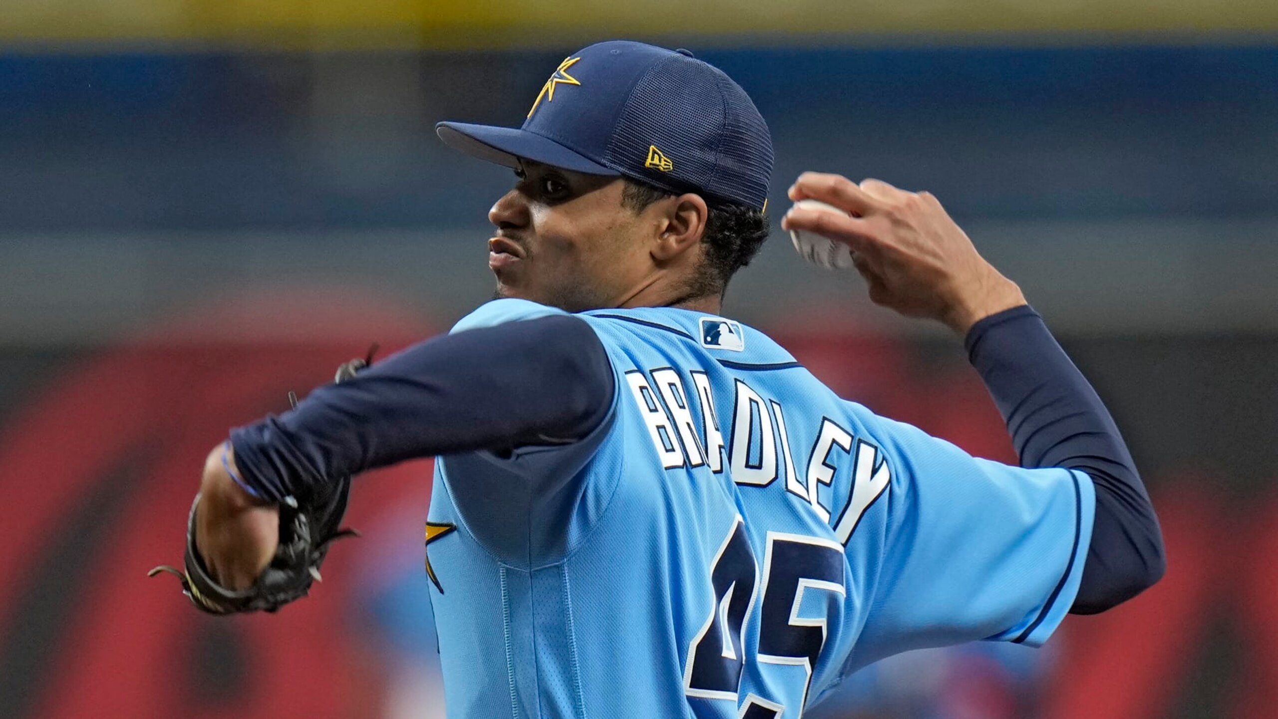 Tampa Bay Rays relief pitcher Taj Bradley delivers to the Atlanta Braves during the fifth inning of a spring training baseball game Friday, March 10, 2023, in St. Petersburg, Fla. (AP Photo/Chris O'Meara) Tampa Bay Rays relief pitcher Taj Bradley delivers to the Atlanta Braves during the fifth inning of a spring training baseball game Friday, March 10, 2023, in St. Petersburg, Fla. (AP Photo/Chris O'Meara)