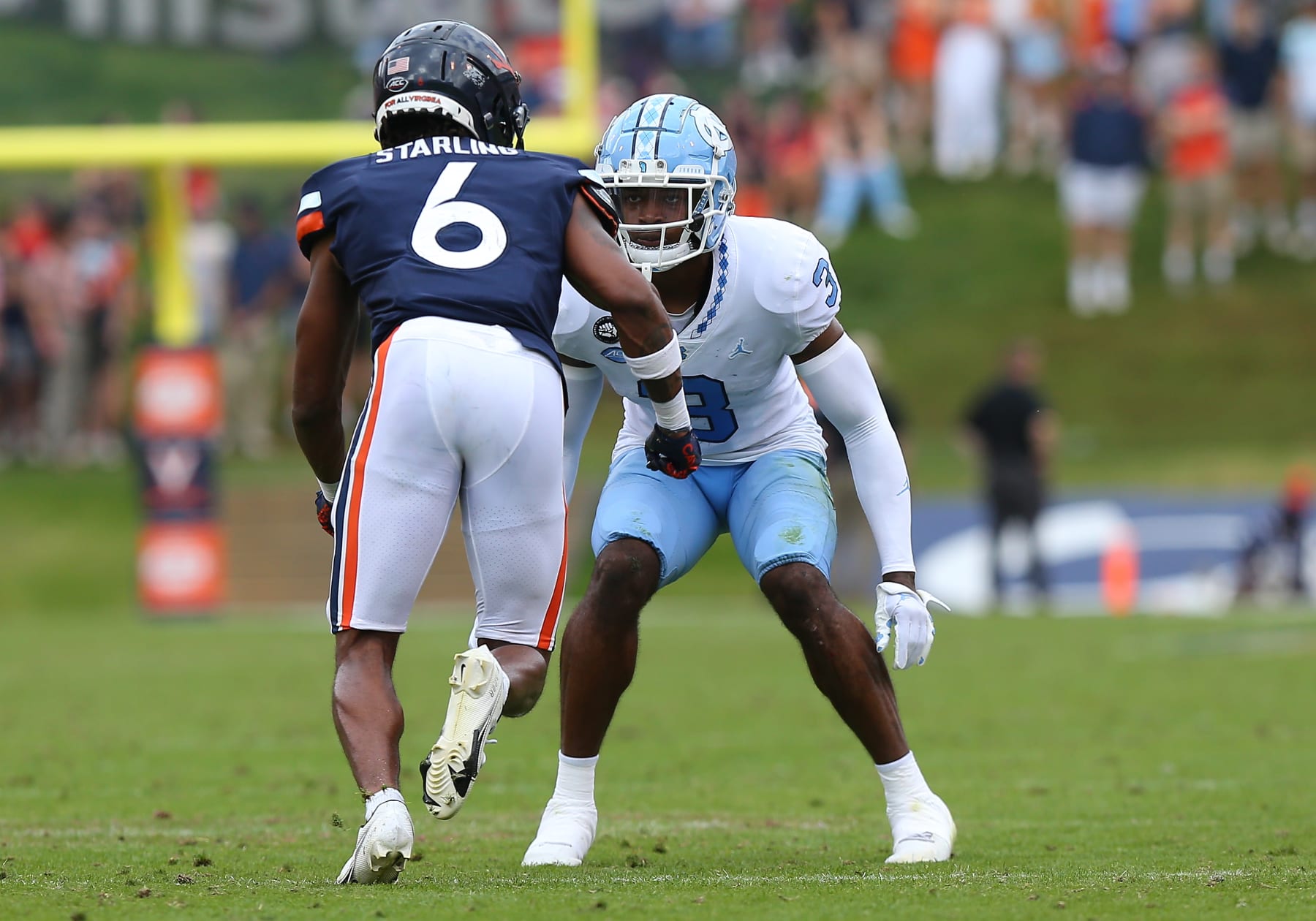 CHARLOTTESVILLE, VA - NOVEMBER 05: North Carolina Tar Heels defensive back Storm Duck (3) prepares to defend Virginia Cavaliers wide receiver Demick Starling (6) during a college football game between the North Carolina Tar Heels and the Virginia Cavaliers on November 05, 2022, at Scott Stadium in Charlottesville, VA. (Photo by Lee Coleman/Icon Sportswire via Getty Images)