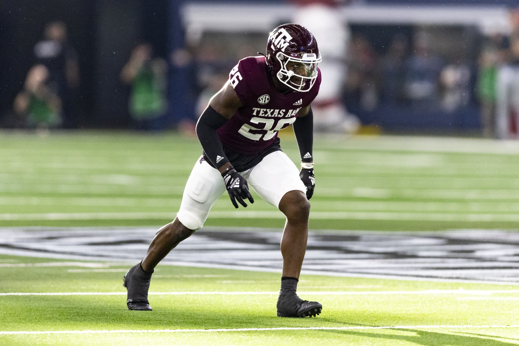 Texas A&M defensive back Demani Richardson (26) is seen during the first half of an NCAA college football game against Arkansas Saturday, Sept. 24, 2022, in Arlington, Texas. A&M won 23-21.(AP Photo/Brandon Wade)